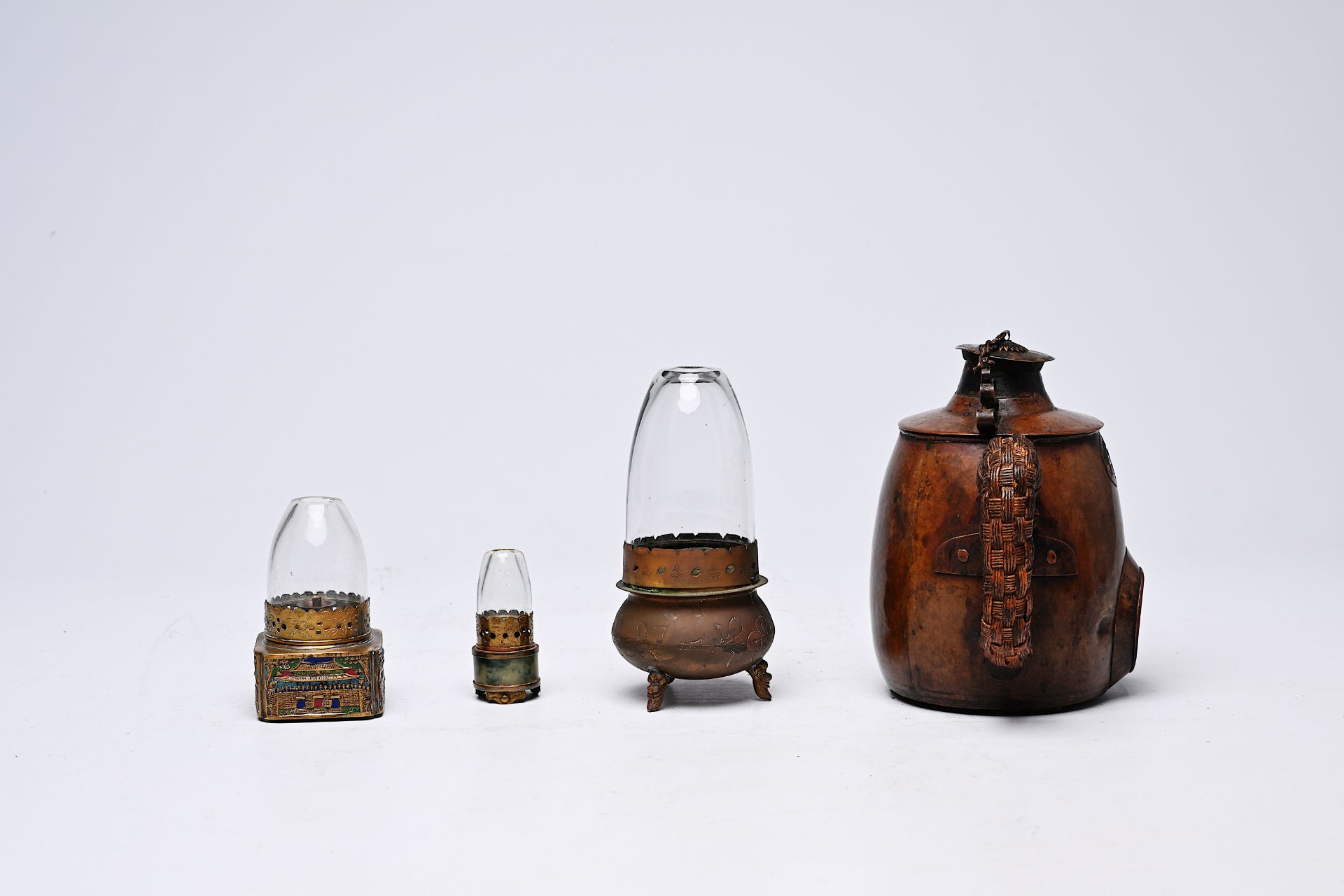 Three Chinese brass opium lamps and a wine warmer, Republic - Image 4 of 9