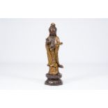 A tall Chinese gilt decorated bronze sculpture of Guanyin, 20th C.
