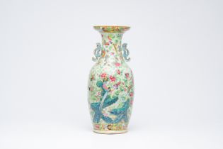 A Chinese Canton famille rose celadon ground vase with animals and figures among flowering branches,