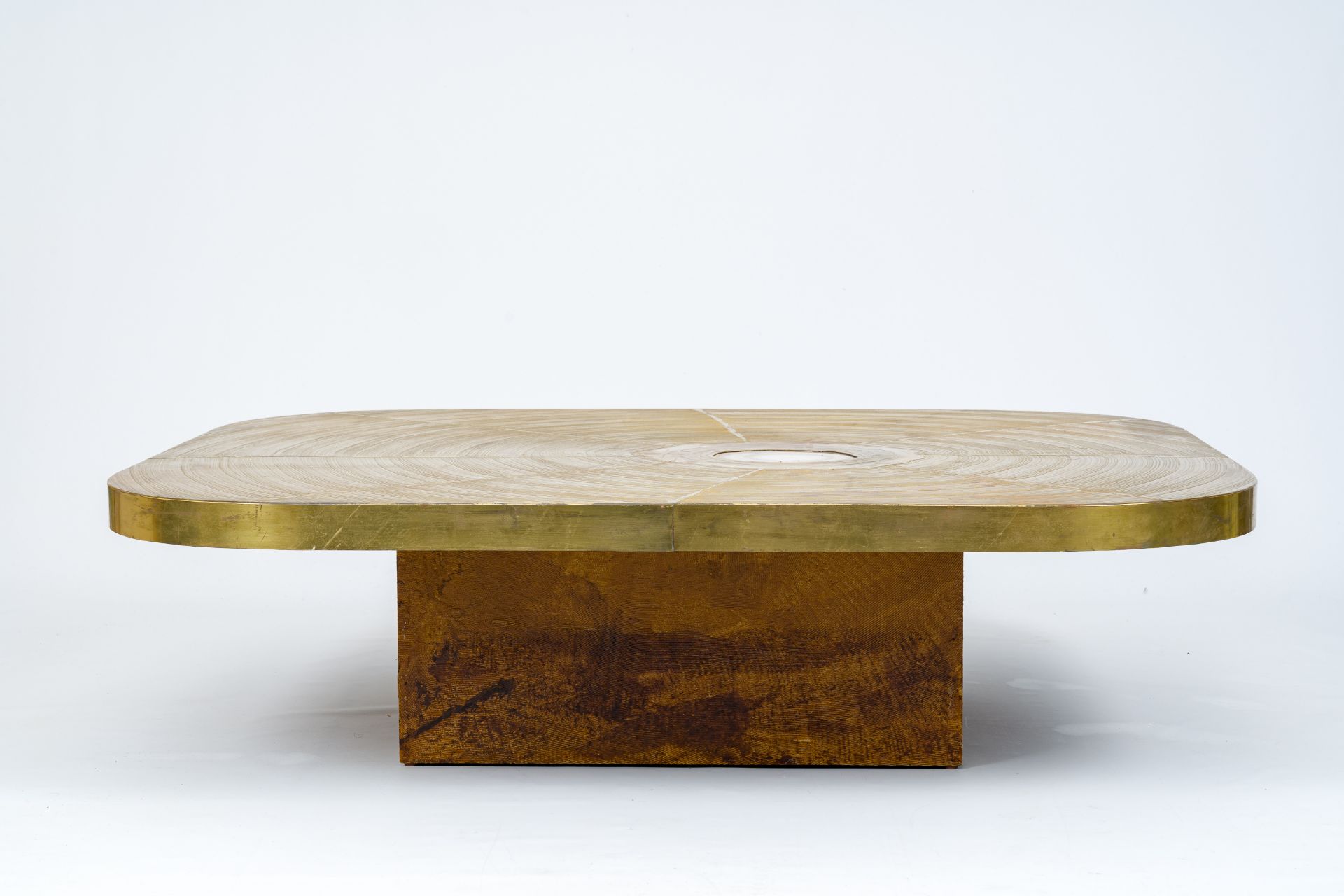 A design coffee table with an etched brass table top with an agate stone, Georges Mathias for Lova C - Image 2 of 8