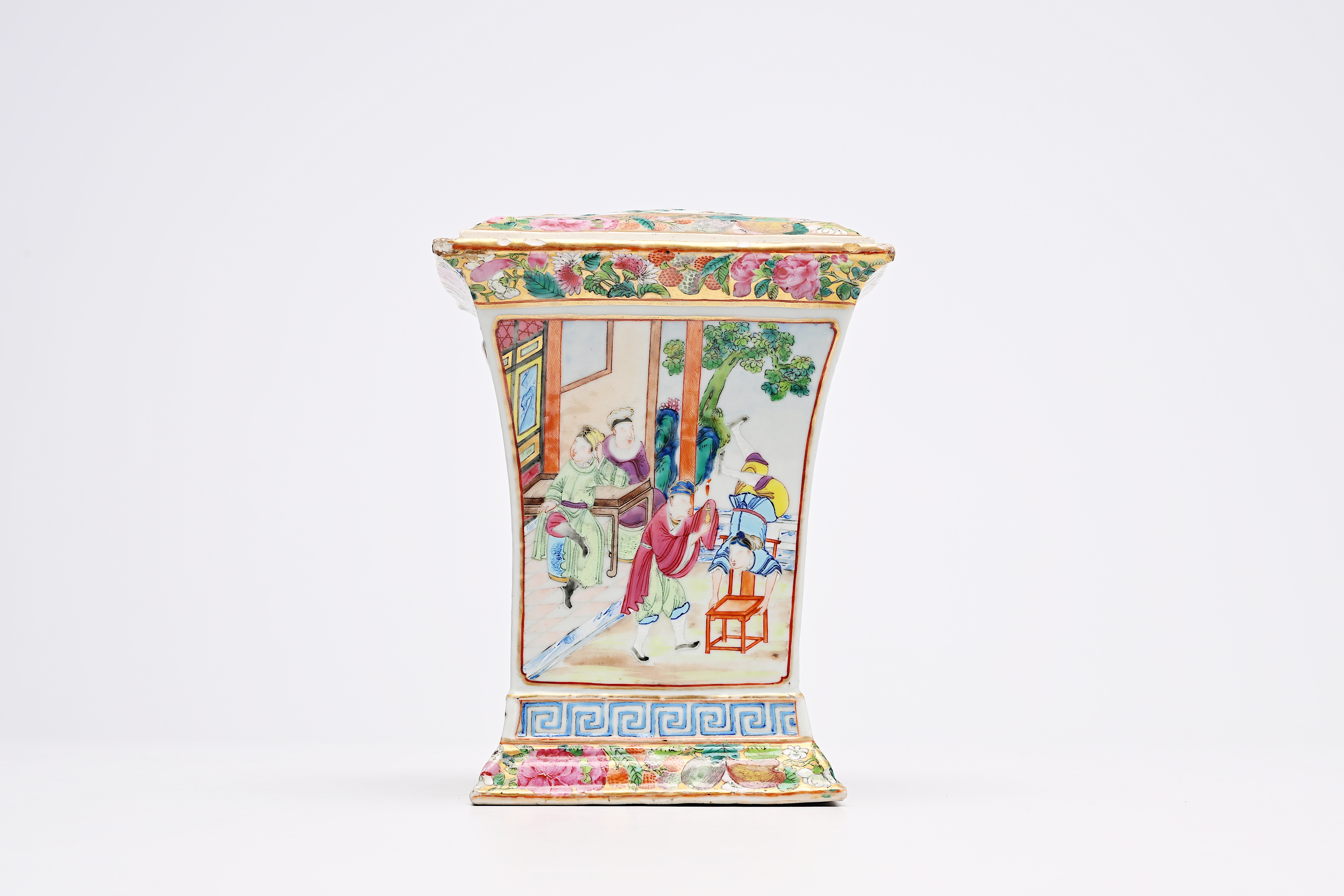 A square Chinese Canton famille rose flower holder with palace scenes and eight various plates and d - Image 8 of 11