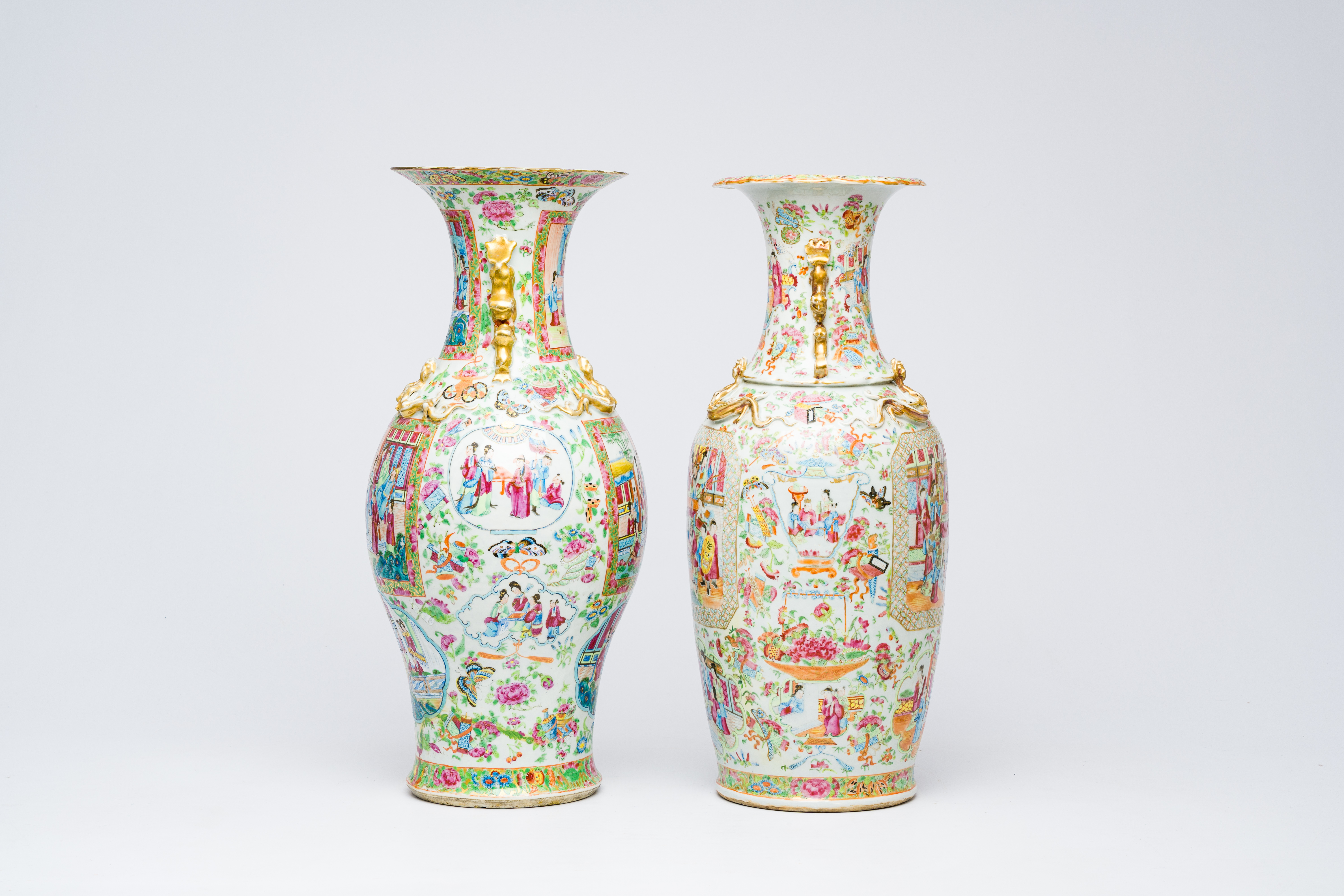 Two Chinese Canton famille rose vases with palace scenes and floral design, 19th C. - Image 5 of 9