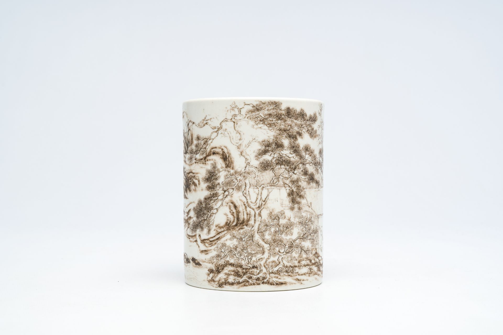 A Chinese grisaille brush pot with an animated landscape, 20th C. - Image 3 of 14