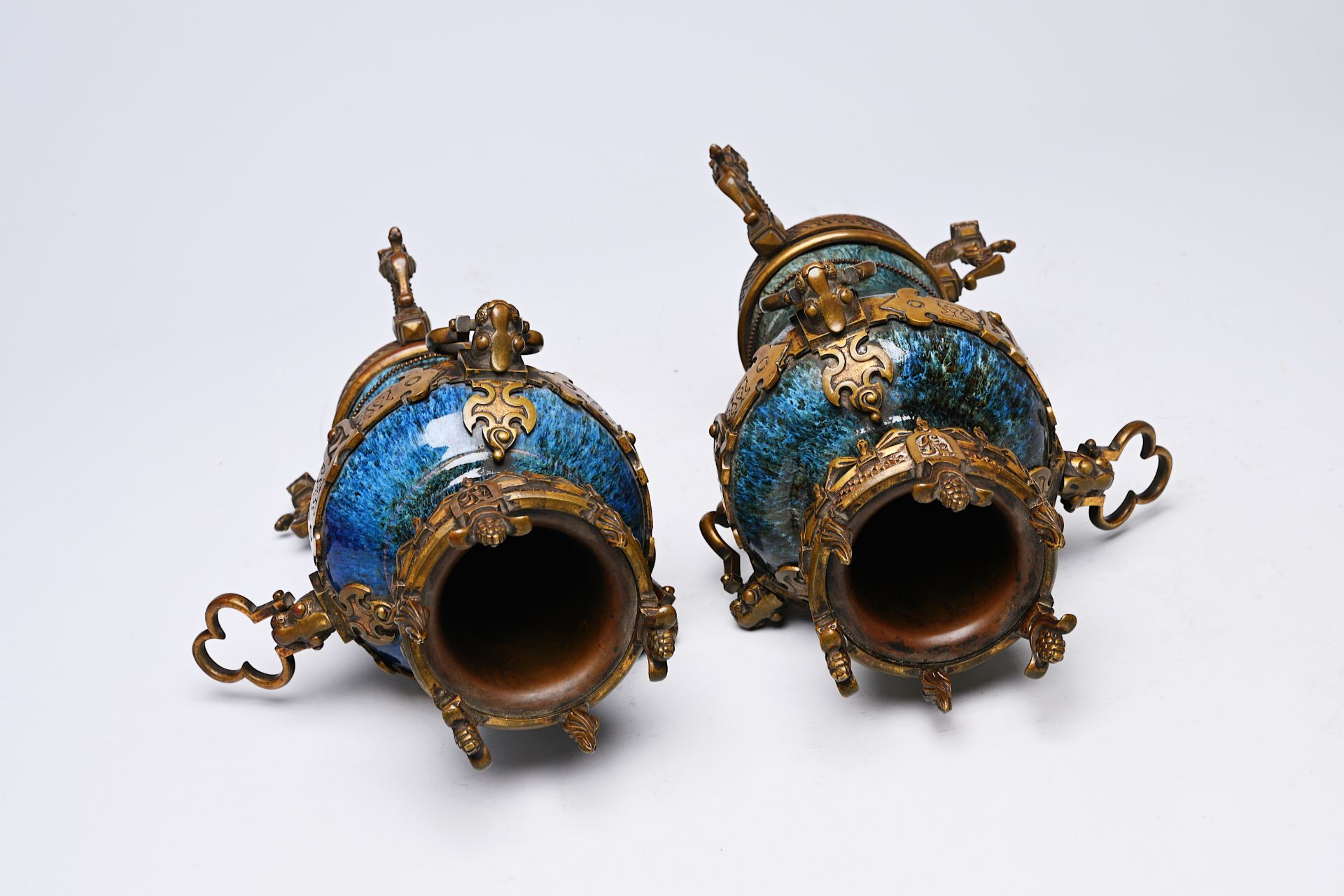 A pair of Chinese flambe glazed vases with gilt bronze mounts, 19th C. - Image 13 of 16