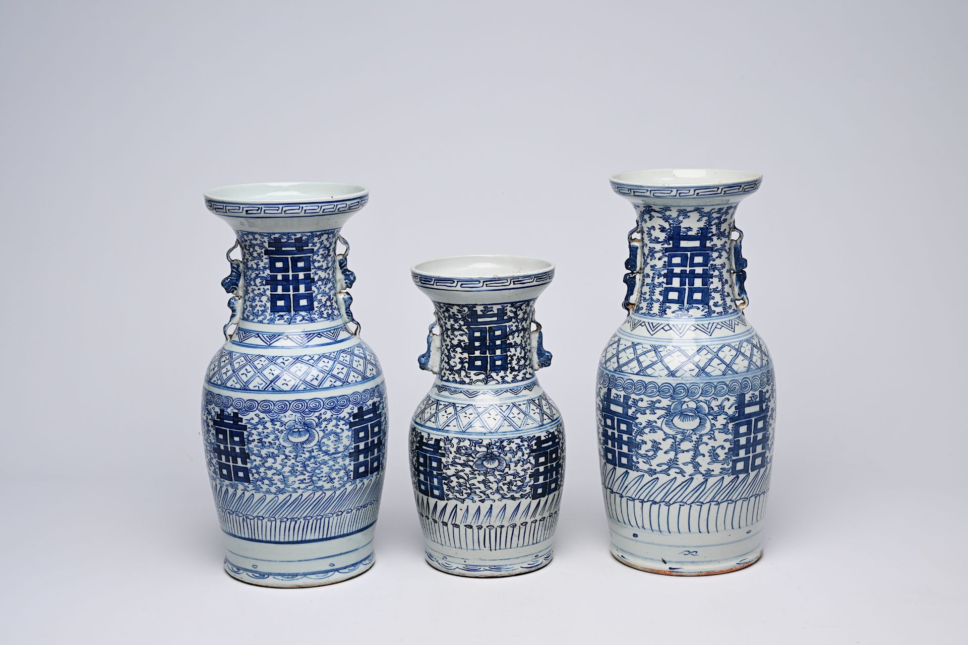 Three Chinese blue and white 'Xi' vases, 19th/20th C. - Image 7 of 22