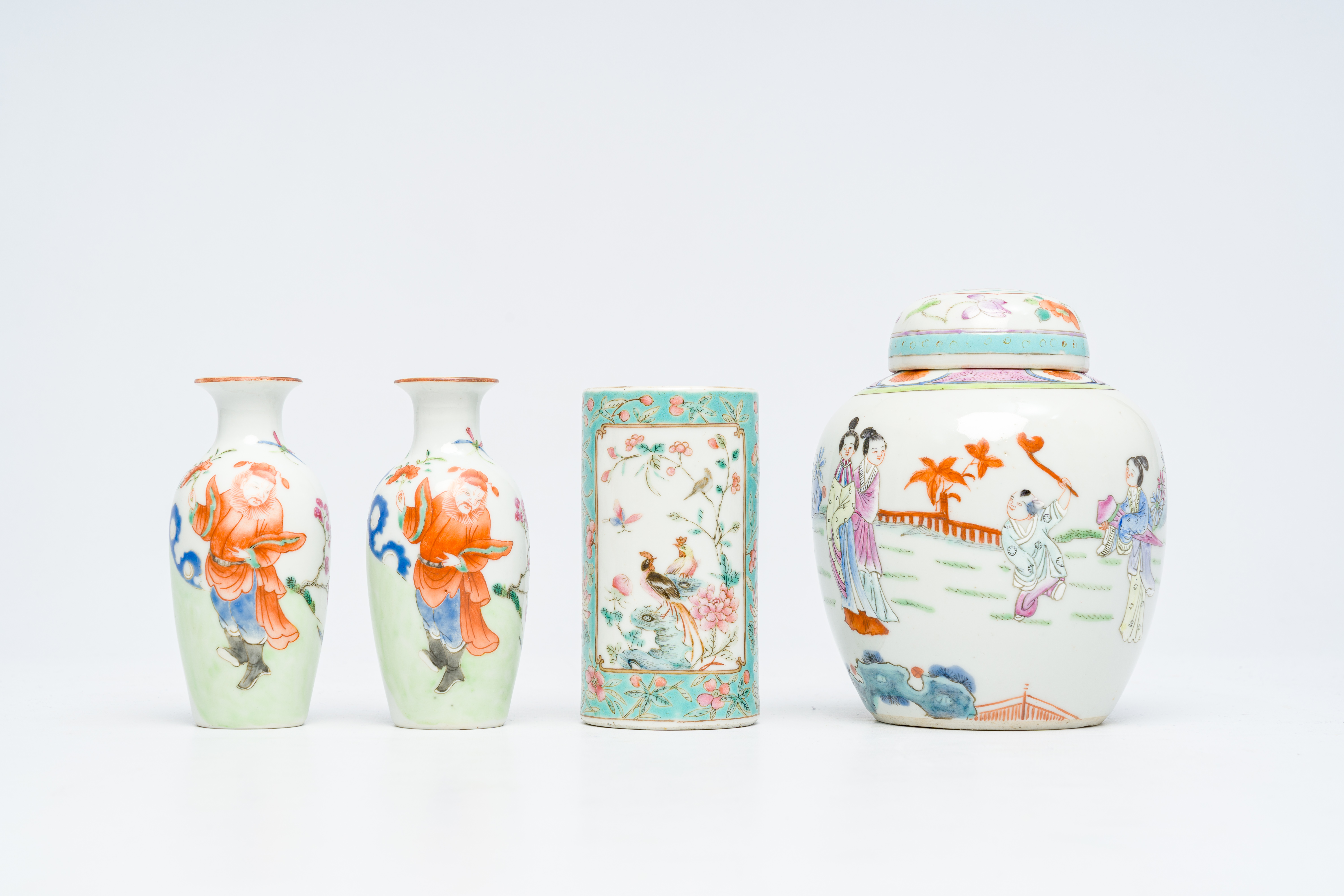 A Chinese famille rose brush pot, a jar and cover with figures in a garden and a pair of 'Immortals' - Image 4 of 14