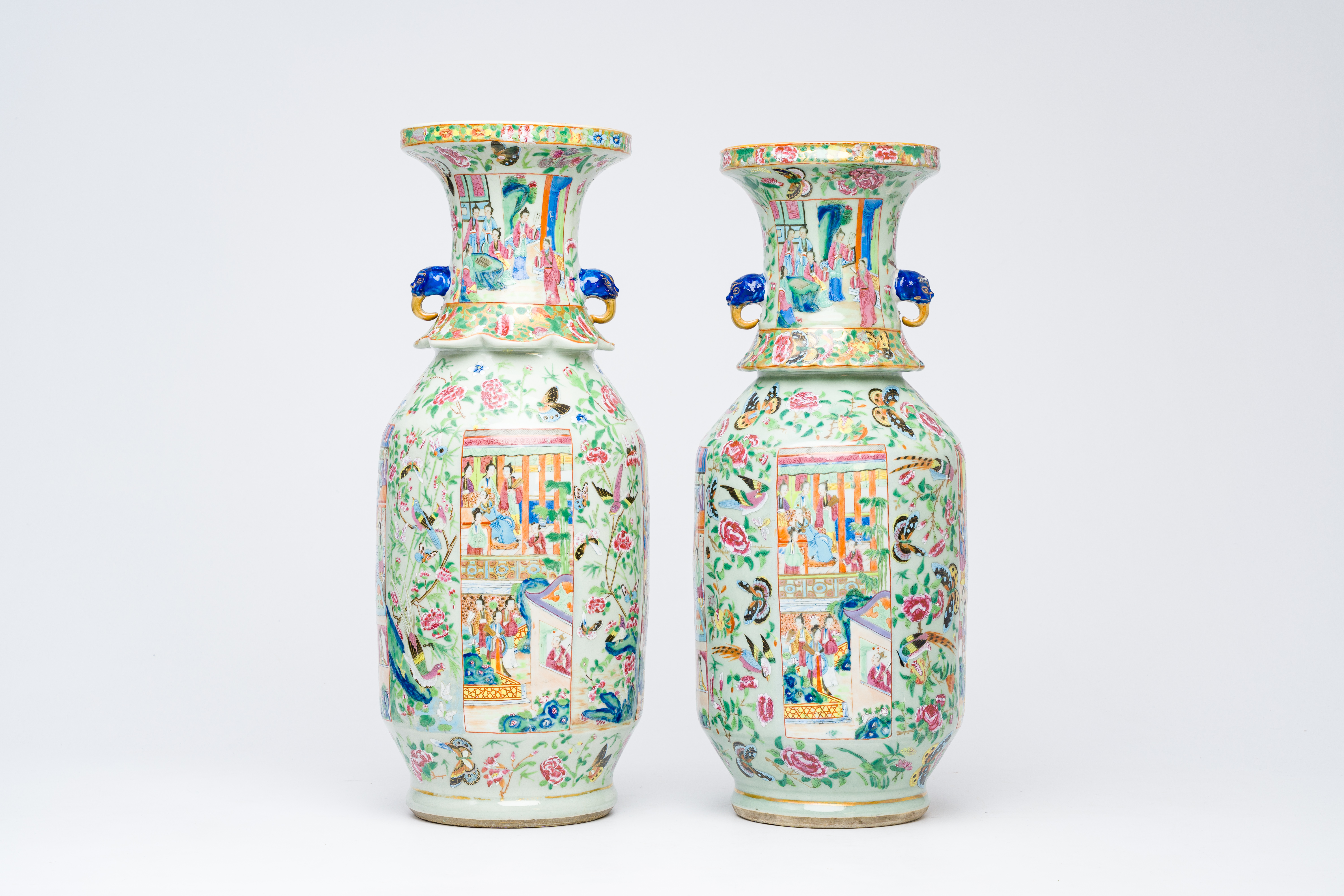 Two Chinese Canton famille rose celadon ground vases with palace scenes and birds and butterflies am - Image 3 of 6