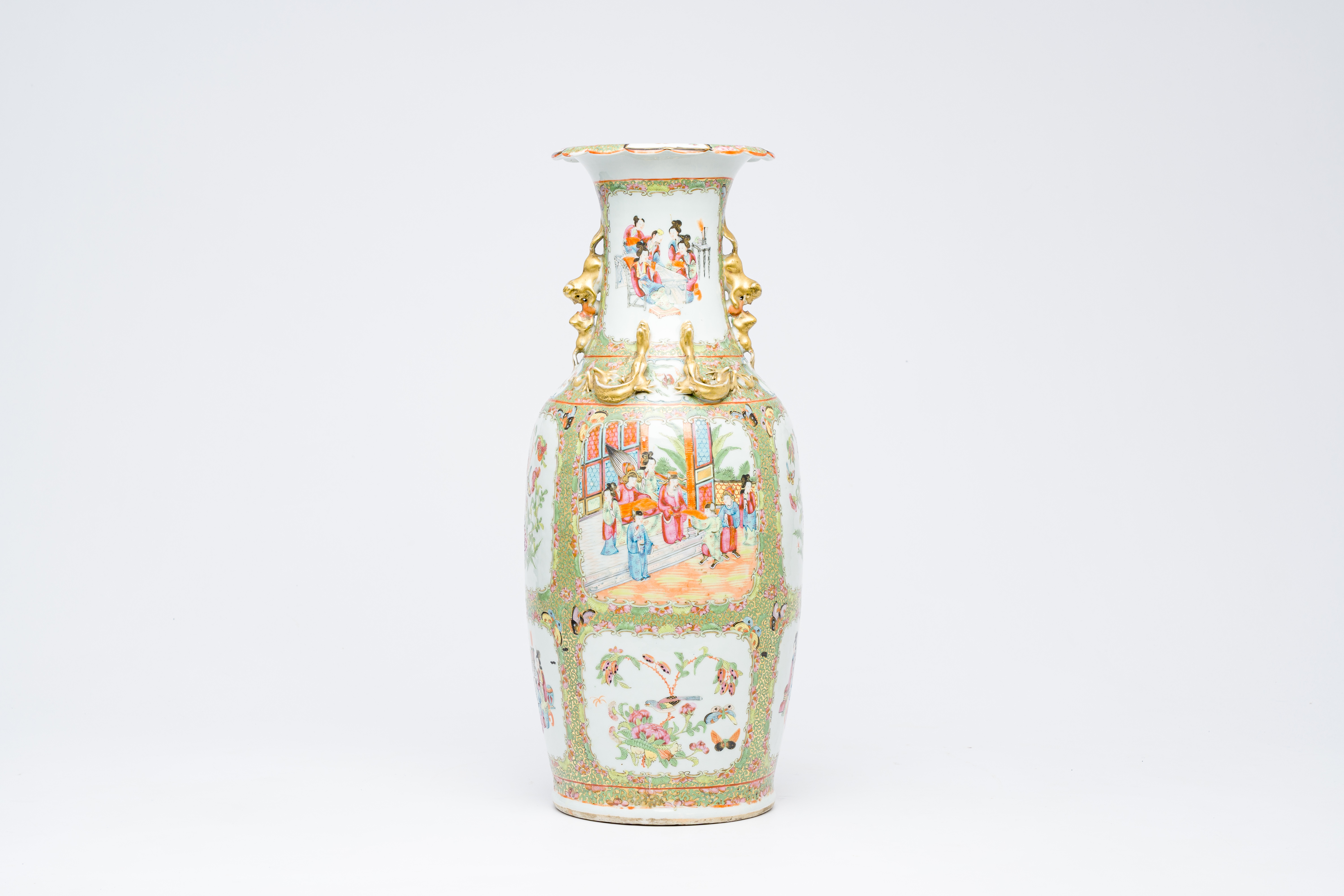 A Chinese Canton famille rose vase with palace scenes and birds and butterflies among blossoming bra - Image 3 of 6