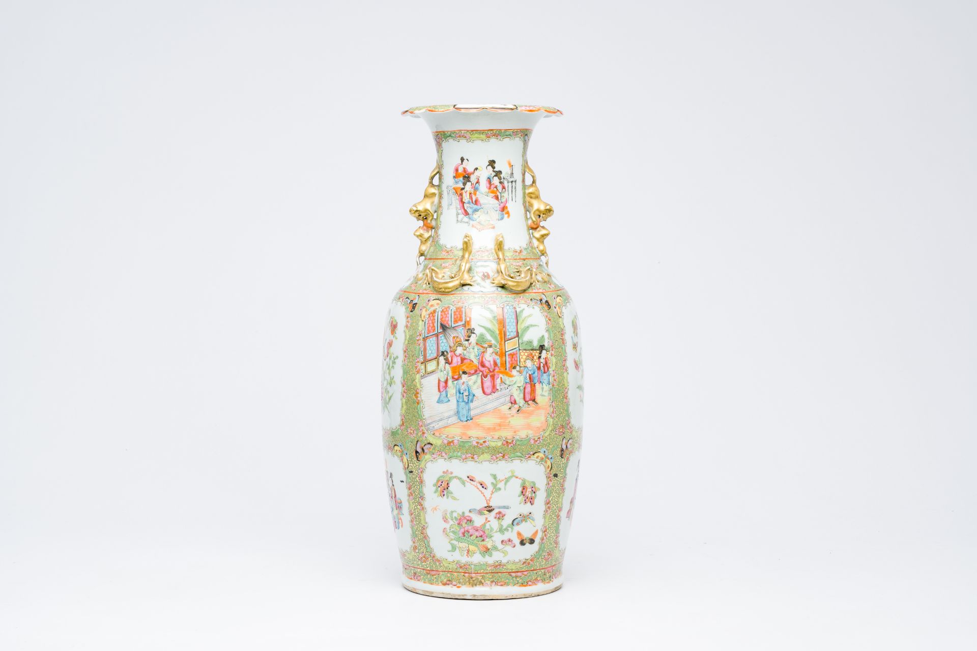 A Chinese Canton famille rose vase with palace scenes and birds and butterflies among blossoming bra - Bild 3 aus 6