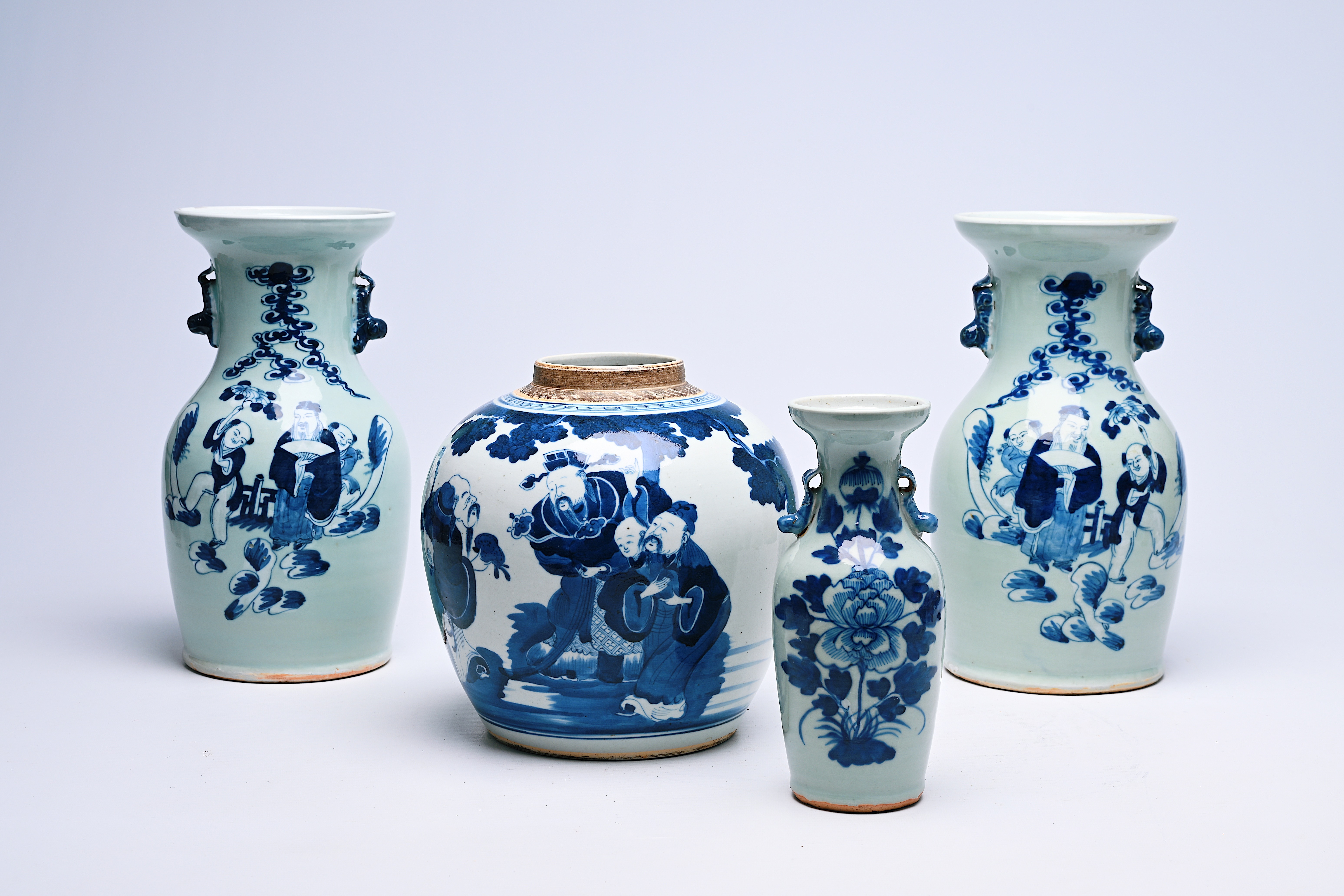 Three Chinese blue and white celadon-ground vases and a blue and white jar, 19th C. - Image 2 of 14