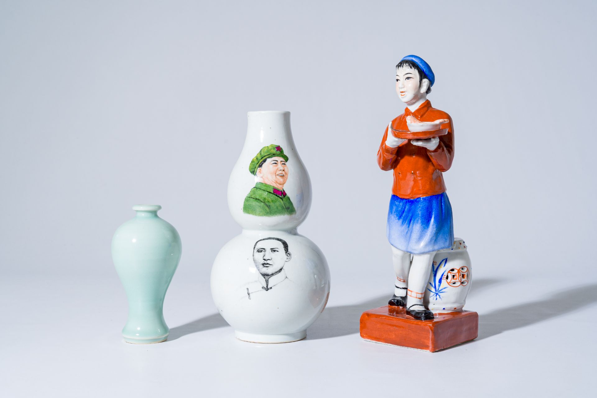 A Chinese monochrome celadon-glazed 'meiping' vase, a double gourd-shaped 'Mao' vase and a figure of - Image 16 of 16