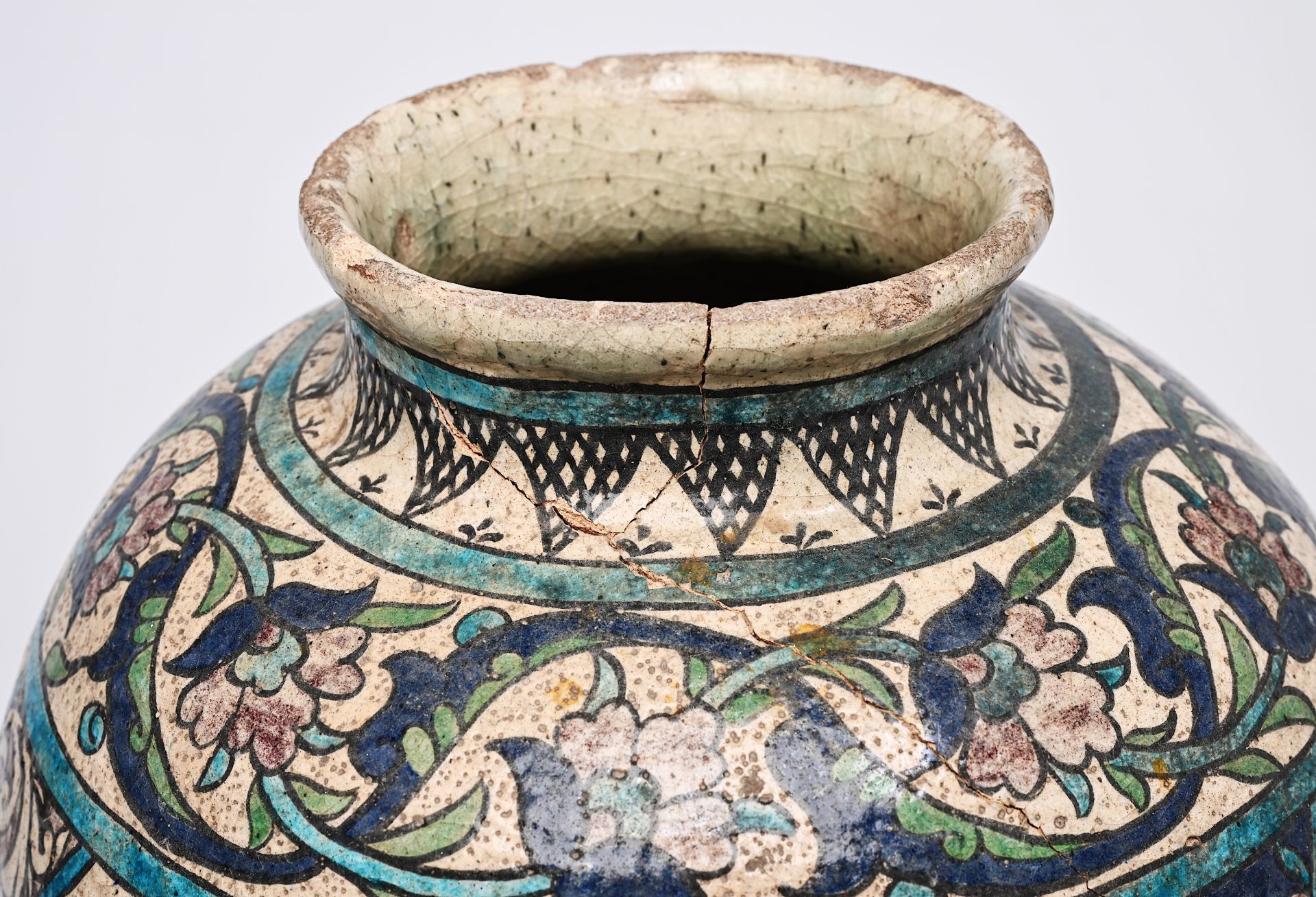 A polychrome pottery jar with floral and calligraphic design, Iran, 19th C. - Image 8 of 9