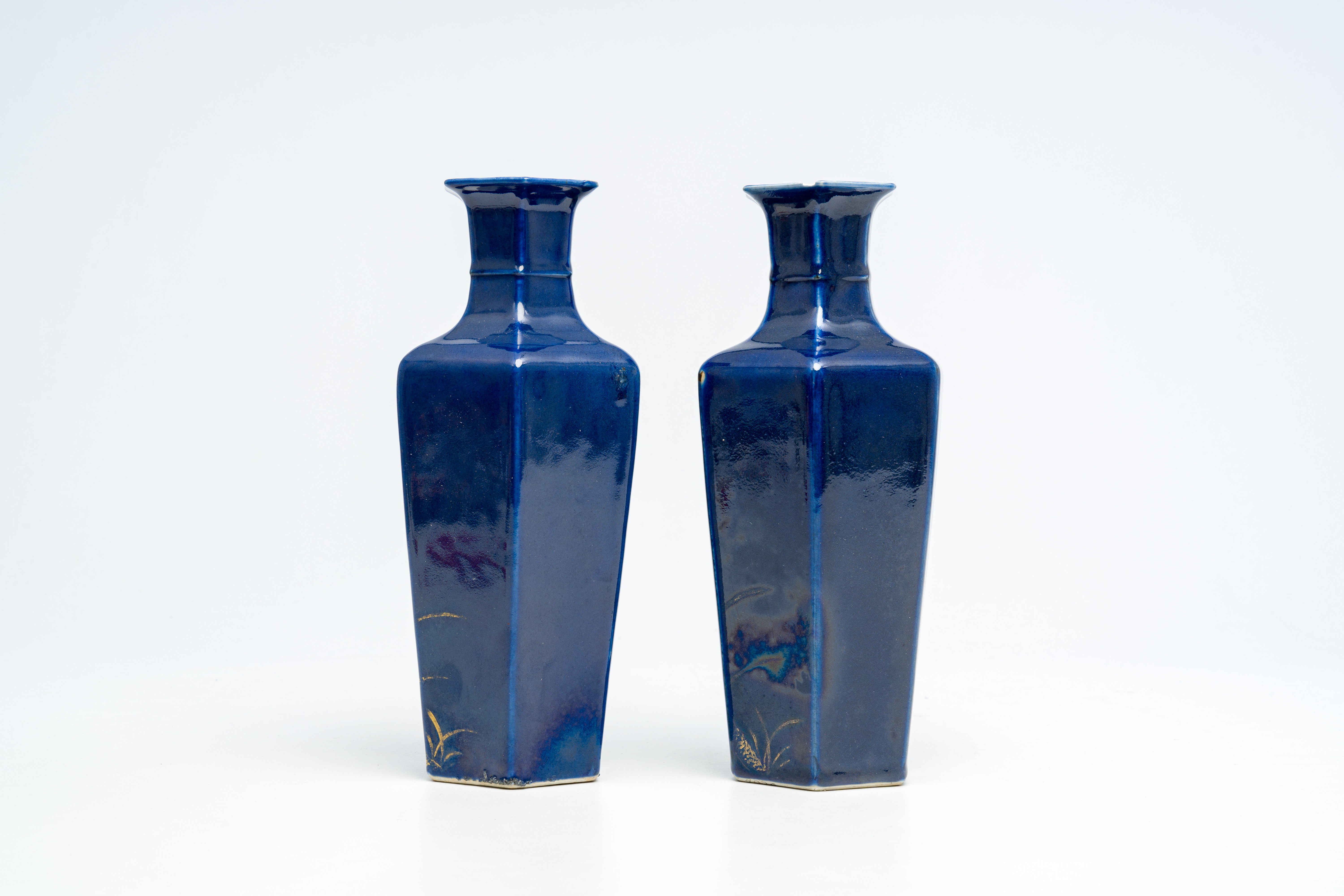 A pair of hexagonal Chinese monochrome blue-glazed gilt-decorated vases with a crane on a branch, 19 - Image 2 of 6