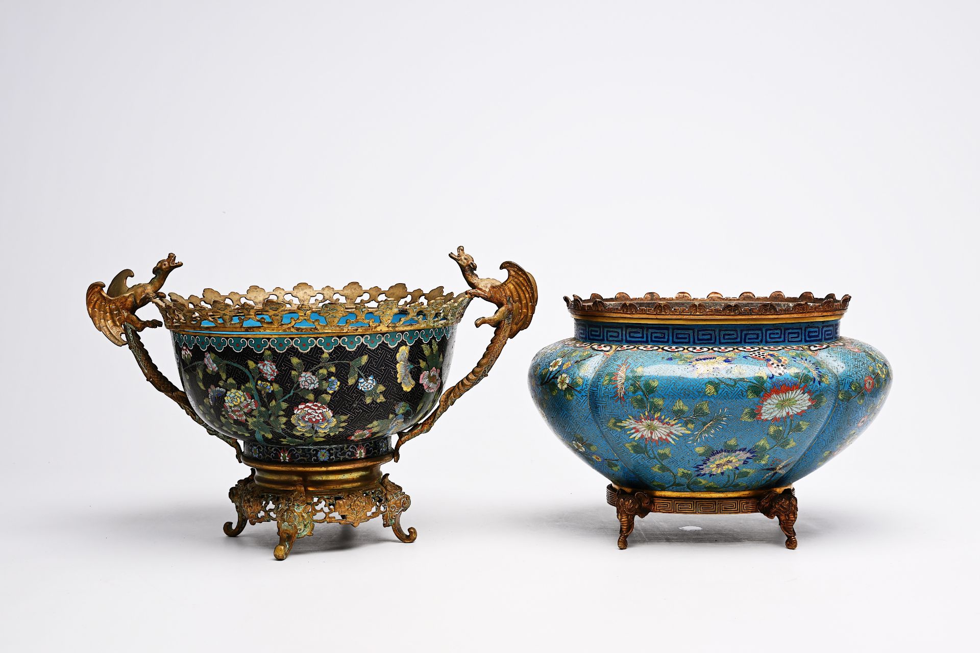 A Chinese cloisonne bowl and a jardiniere with gilt metal mounts, 19th C.