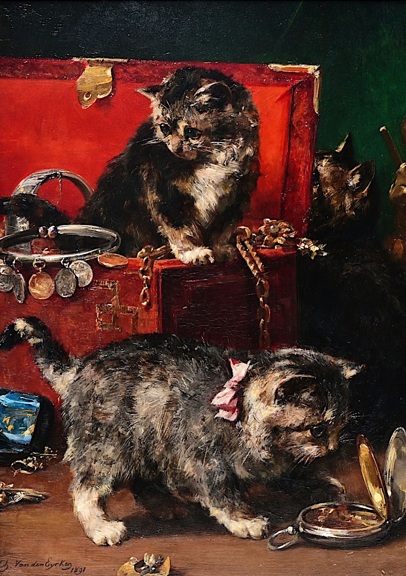 Charles II Van den Eycken (1859-1923): Kittens playing with a jewelry box, oil on panel, dated 1891