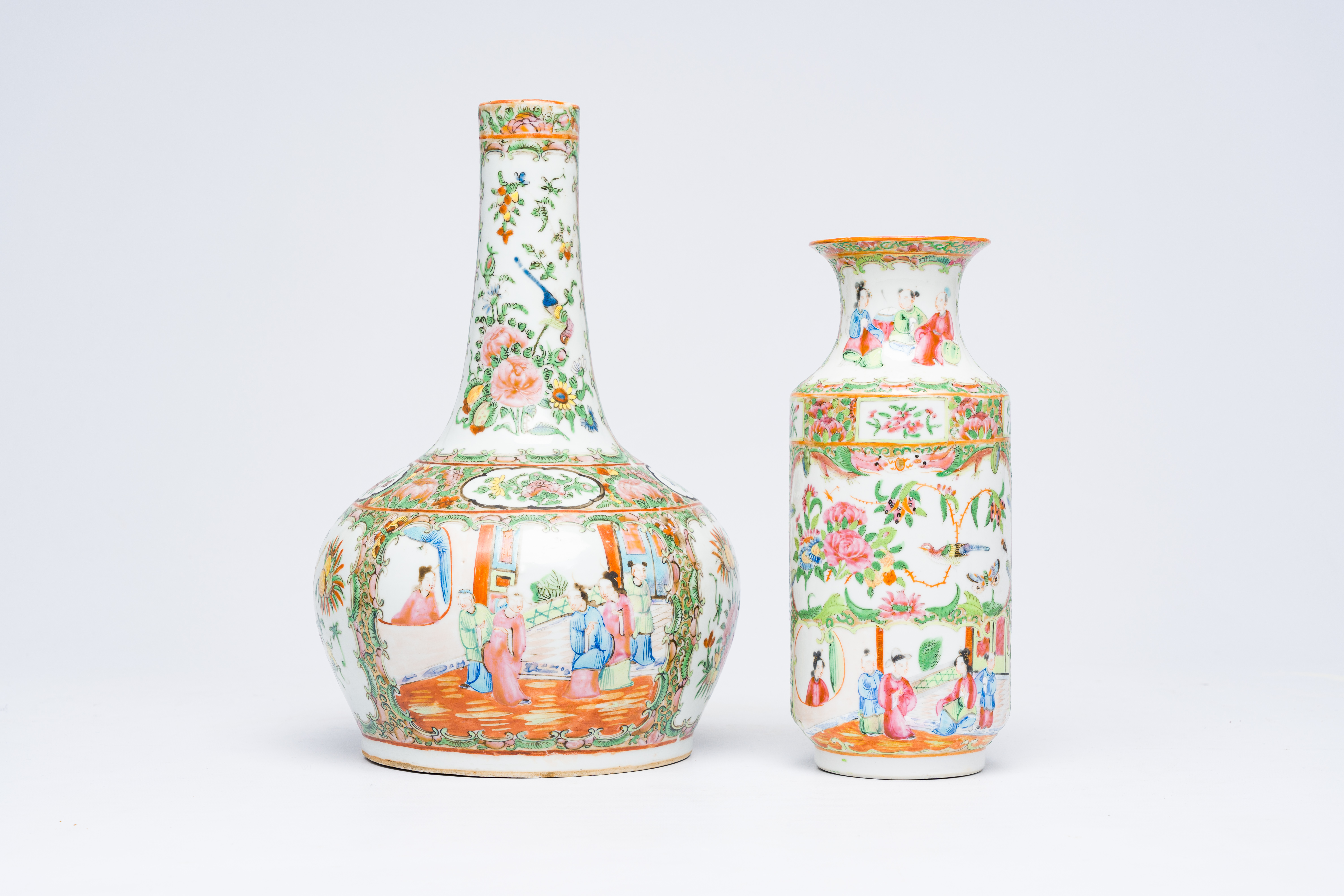 Two Chinese Canton famille rose vases and two plates, 19th C. - Image 7 of 10
