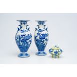 A Japanese yellow-ground incense burner and a pair of blue and white vases, poss. Hirado, Meiji, 19t