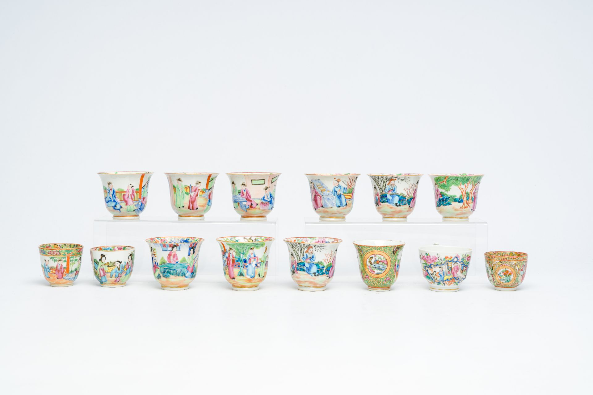 14 Chinese Canton famille rose cups and two saucers, 19th C. - Image 5 of 9