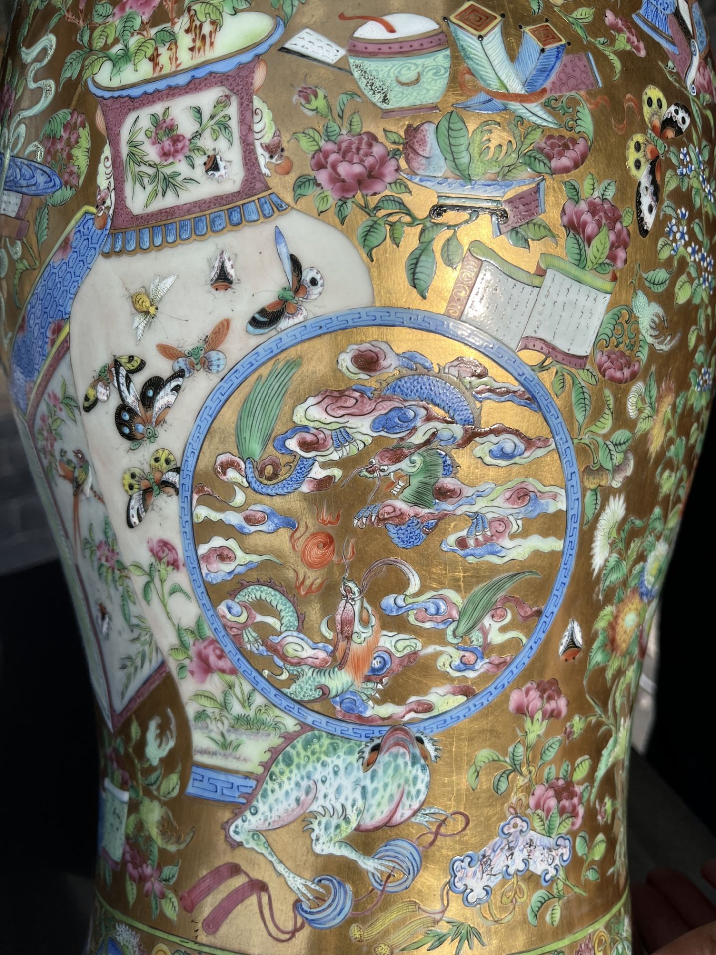 A pair of Chinese Canton famille rose gold ground vases with birds and butterflies among blossoming - Image 45 of 60