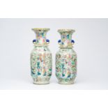 Two Chinese Canton famille rose celadon ground vases with palace scenes and birds and butterflies am
