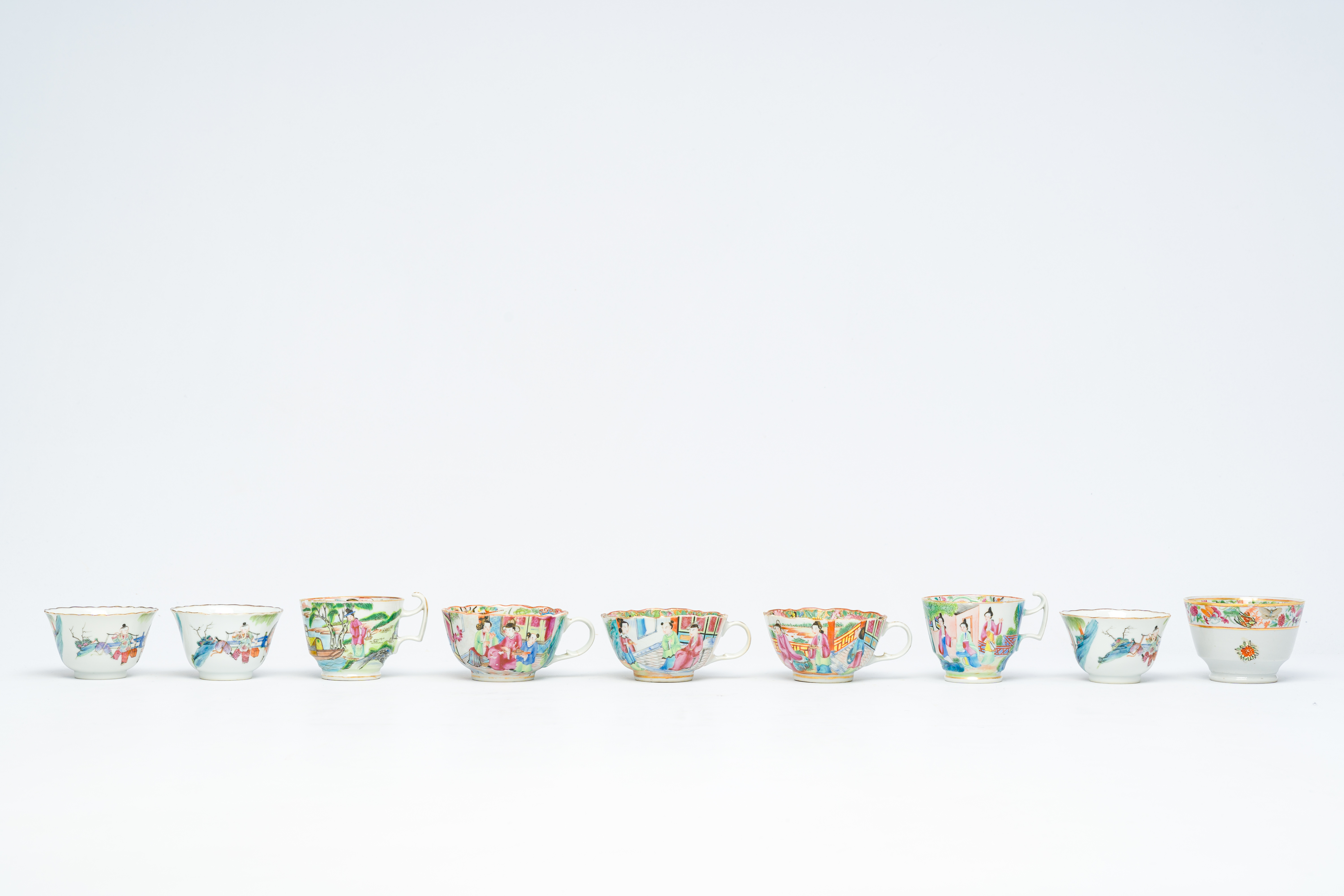 Nine Chinese Canton famille rose cups and seven saucers, 19th C. - Image 8 of 11