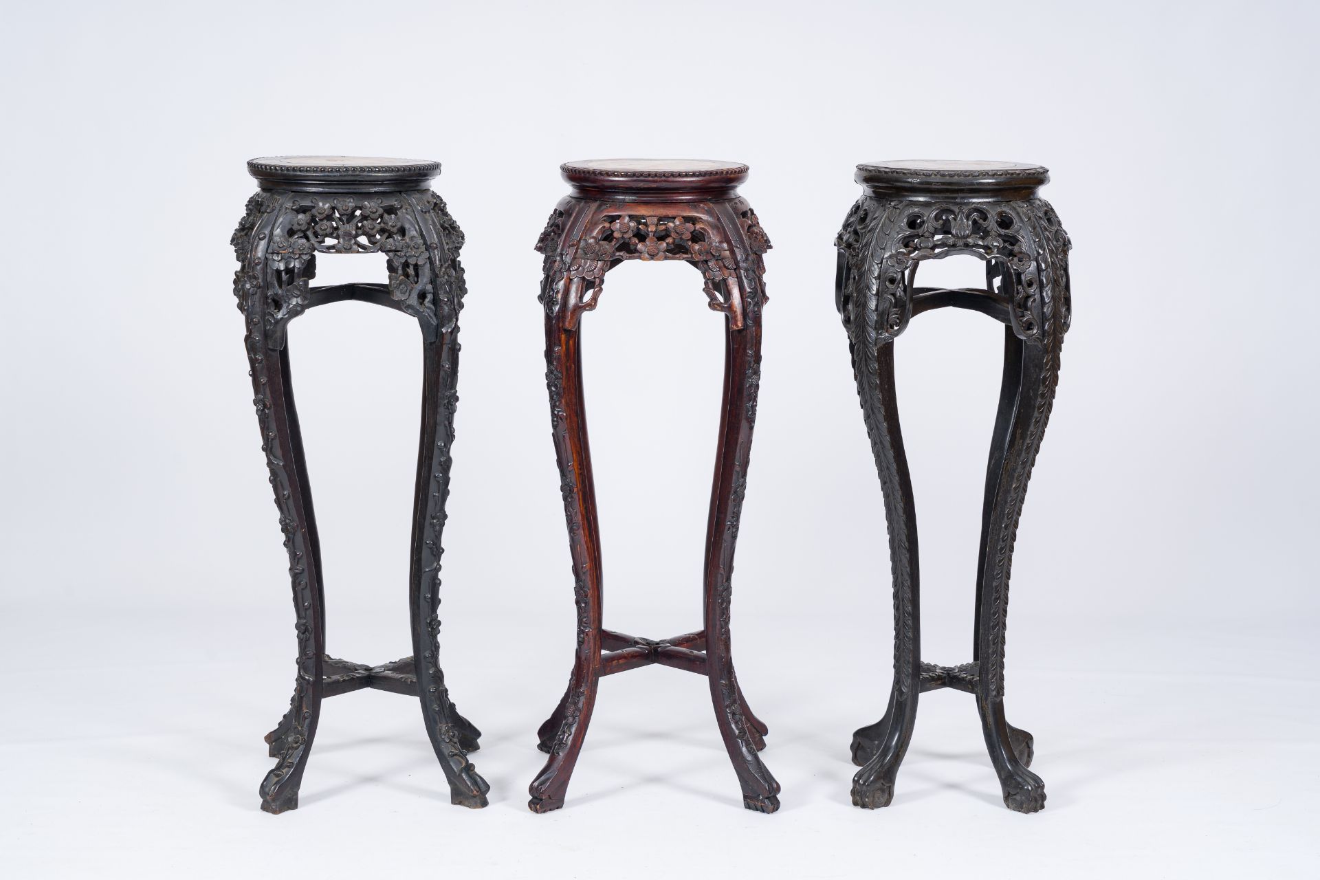 Three Chinese reticulated hardwood stands with marble tops, 19th/20th C. - Image 2 of 7