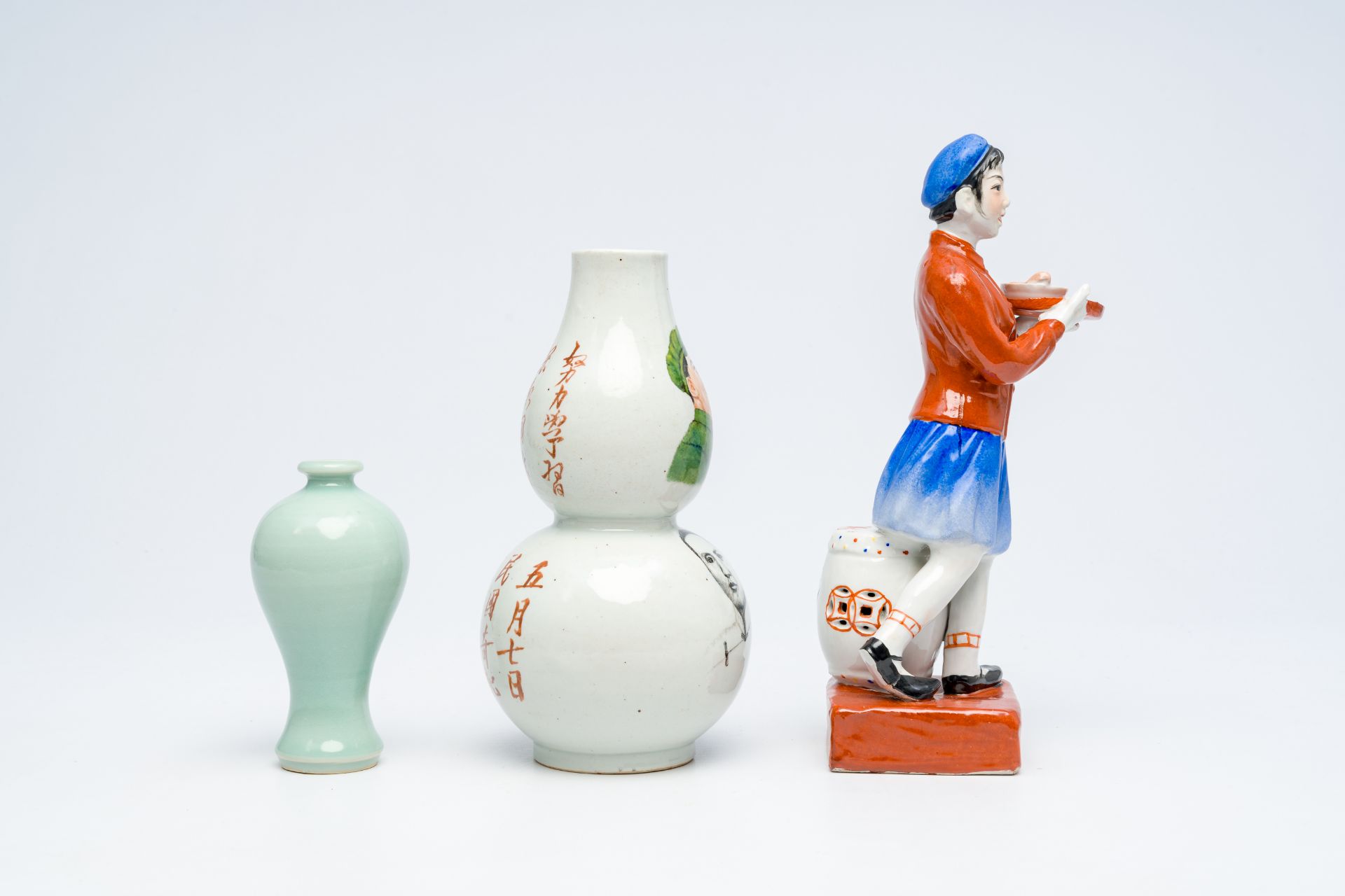 A Chinese monochrome celadon-glazed 'meiping' vase, a double gourd-shaped 'Mao' vase and a figure of - Image 9 of 16