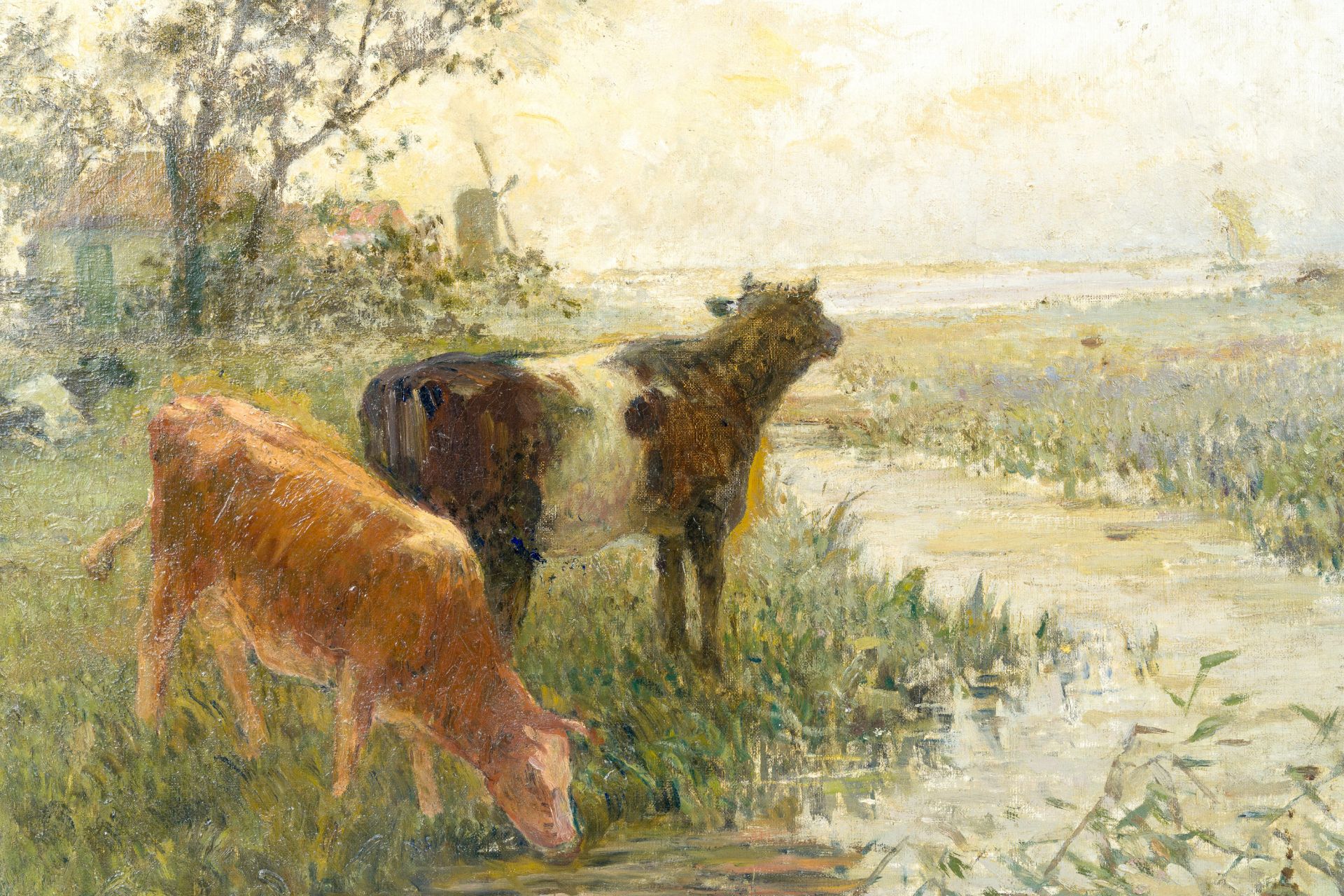 Henri Van Seben (1825-1913): Landscape with cattle by a stream in the foreground, oil on canvas - Image 5 of 5