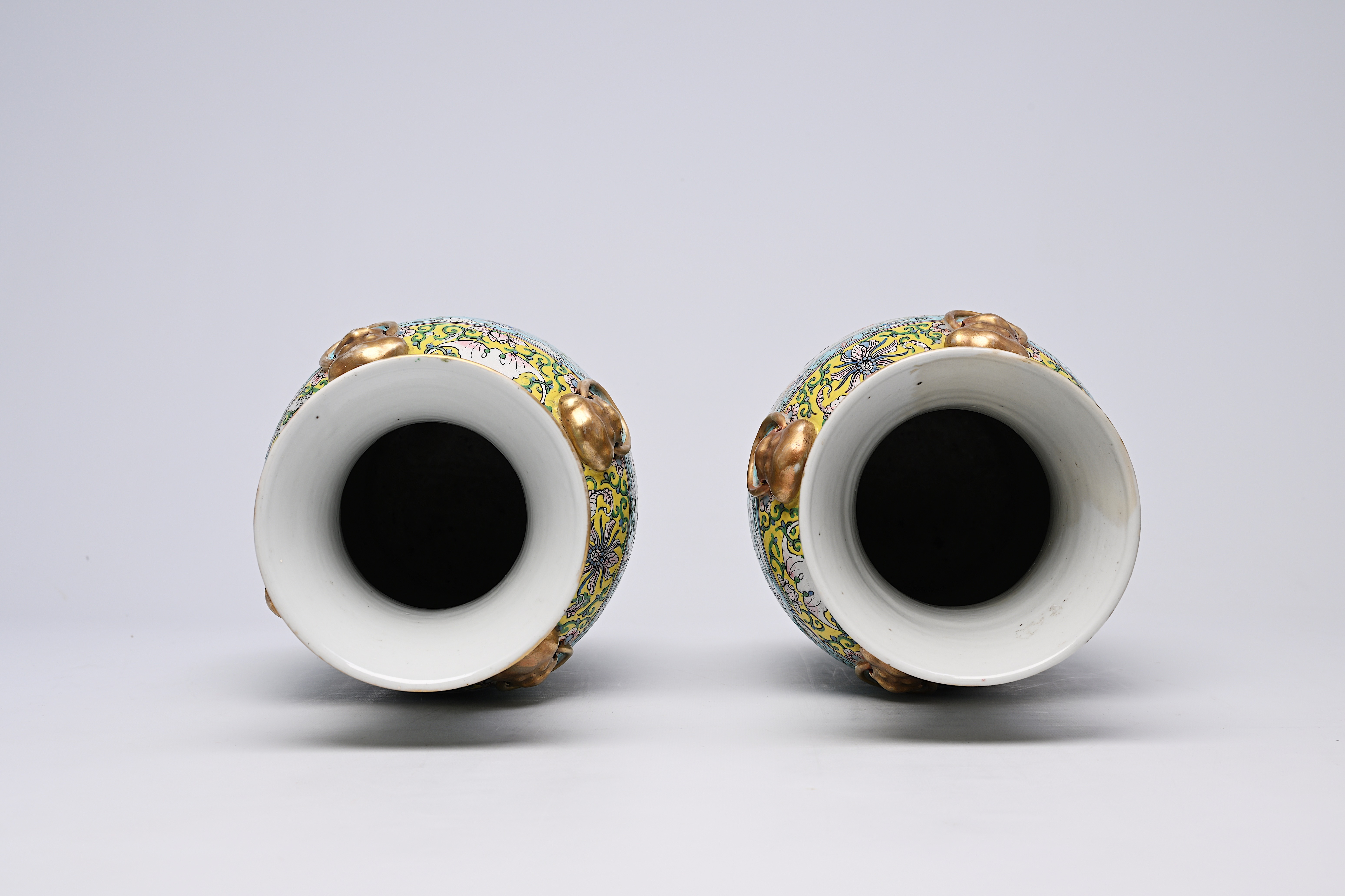 A pair of Chinese Canton famille rose turquoise ground vases with birds and butterflies among blosso - Image 5 of 13