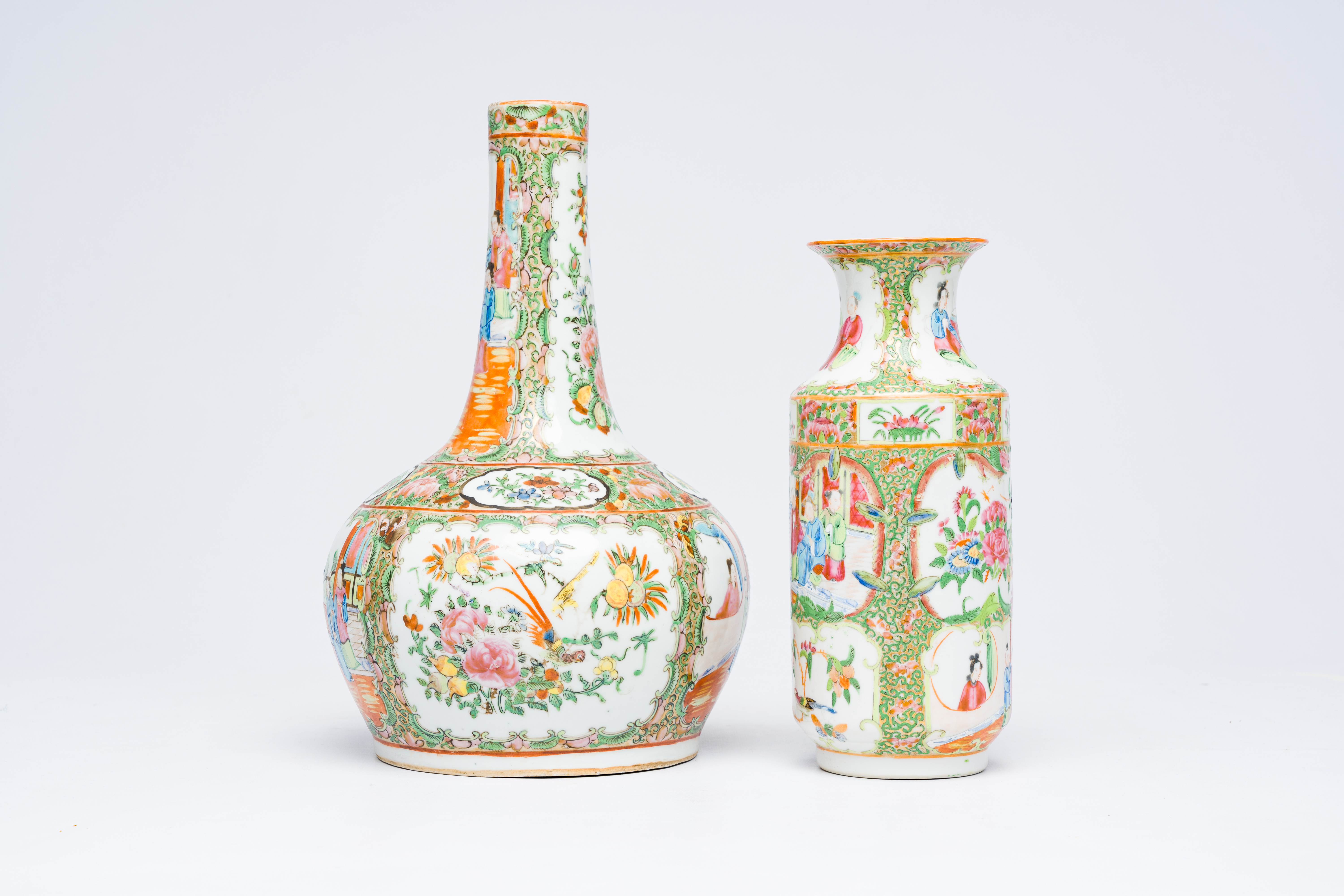 Two Chinese Canton famille rose vases and two plates, 19th C. - Image 6 of 10