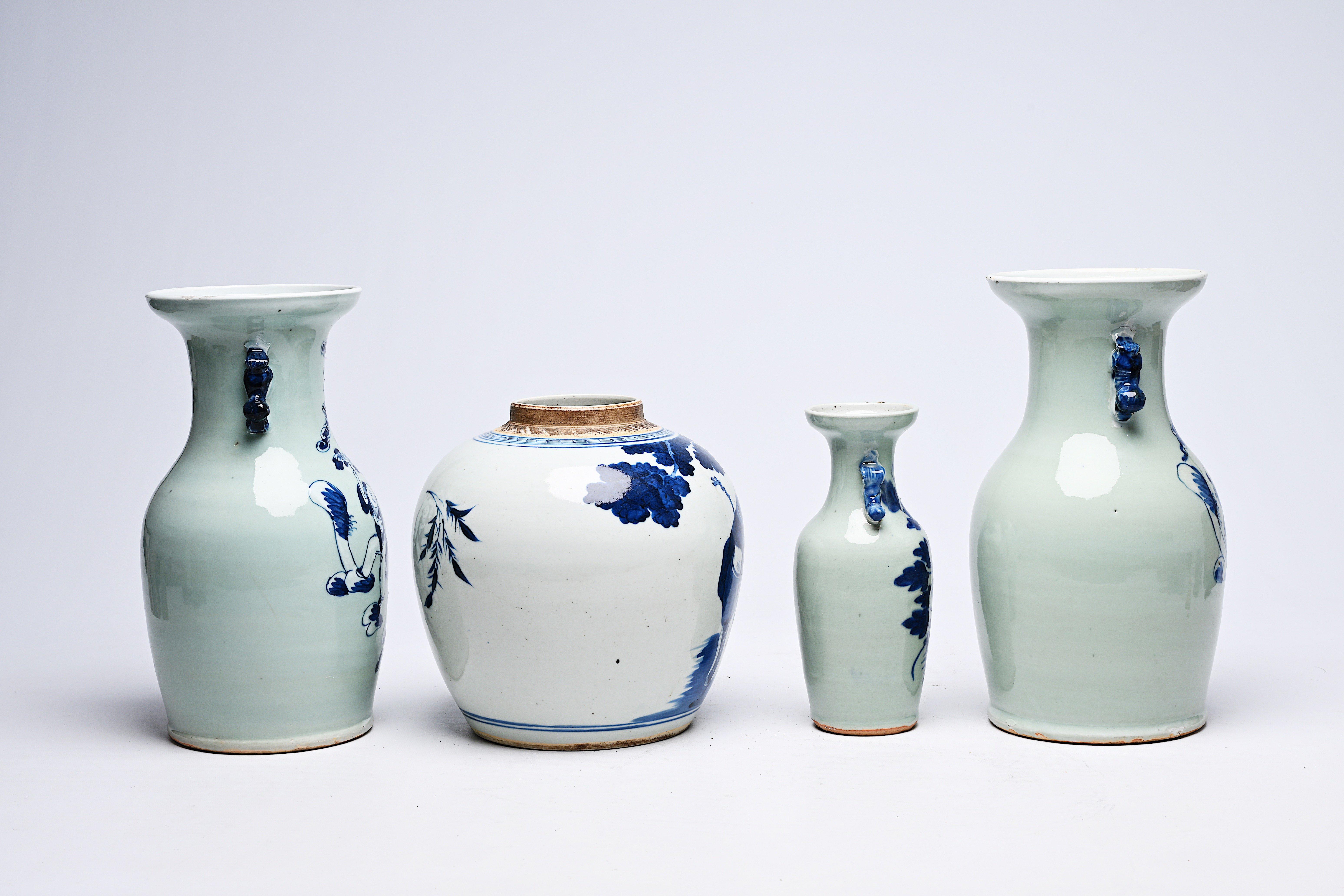 Three Chinese blue and white celadon-ground vases and a blue and white jar, 19th C. - Image 10 of 14