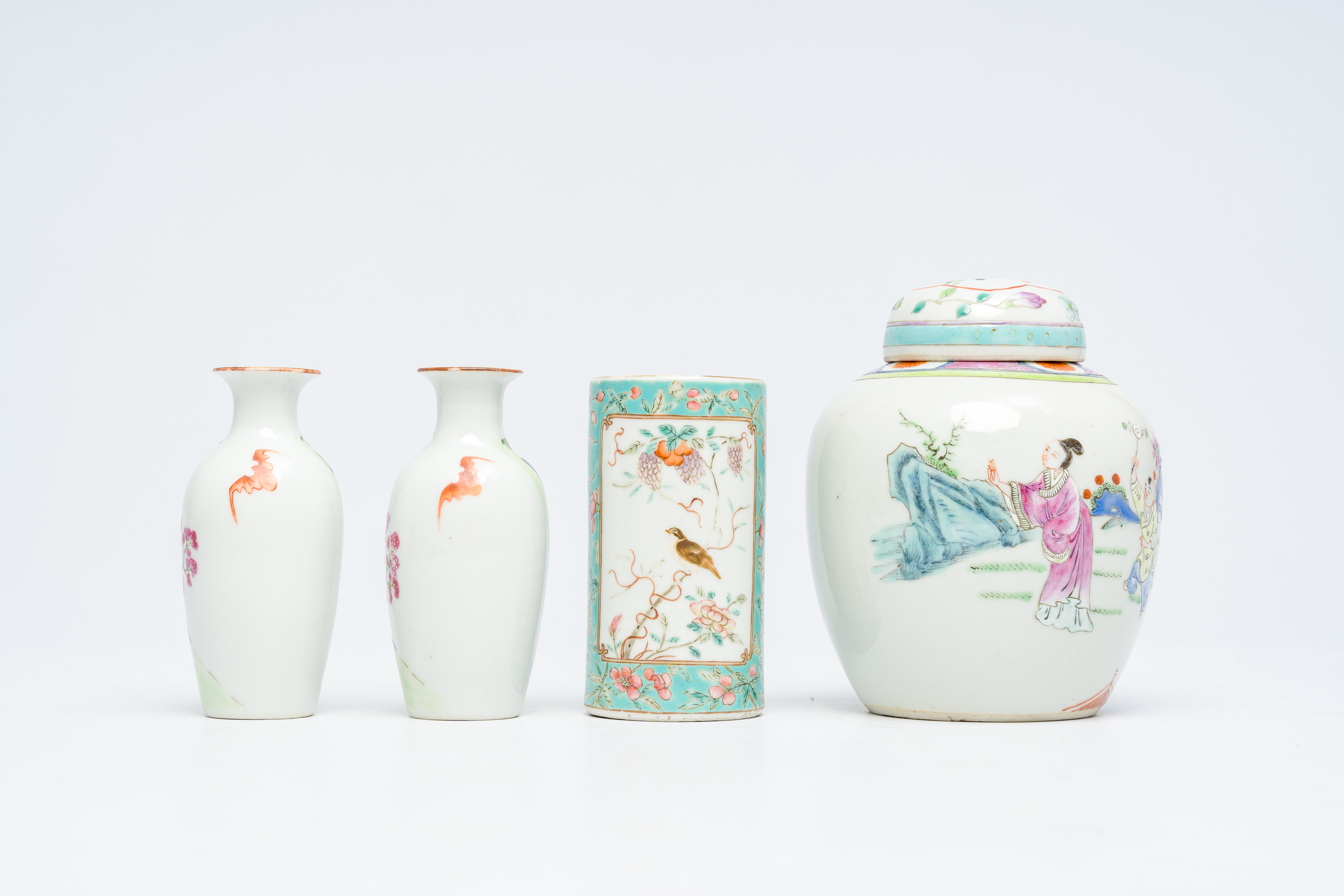 A Chinese famille rose brush pot, a jar and cover with figures in a garden and a pair of 'Immortals' - Image 8 of 14