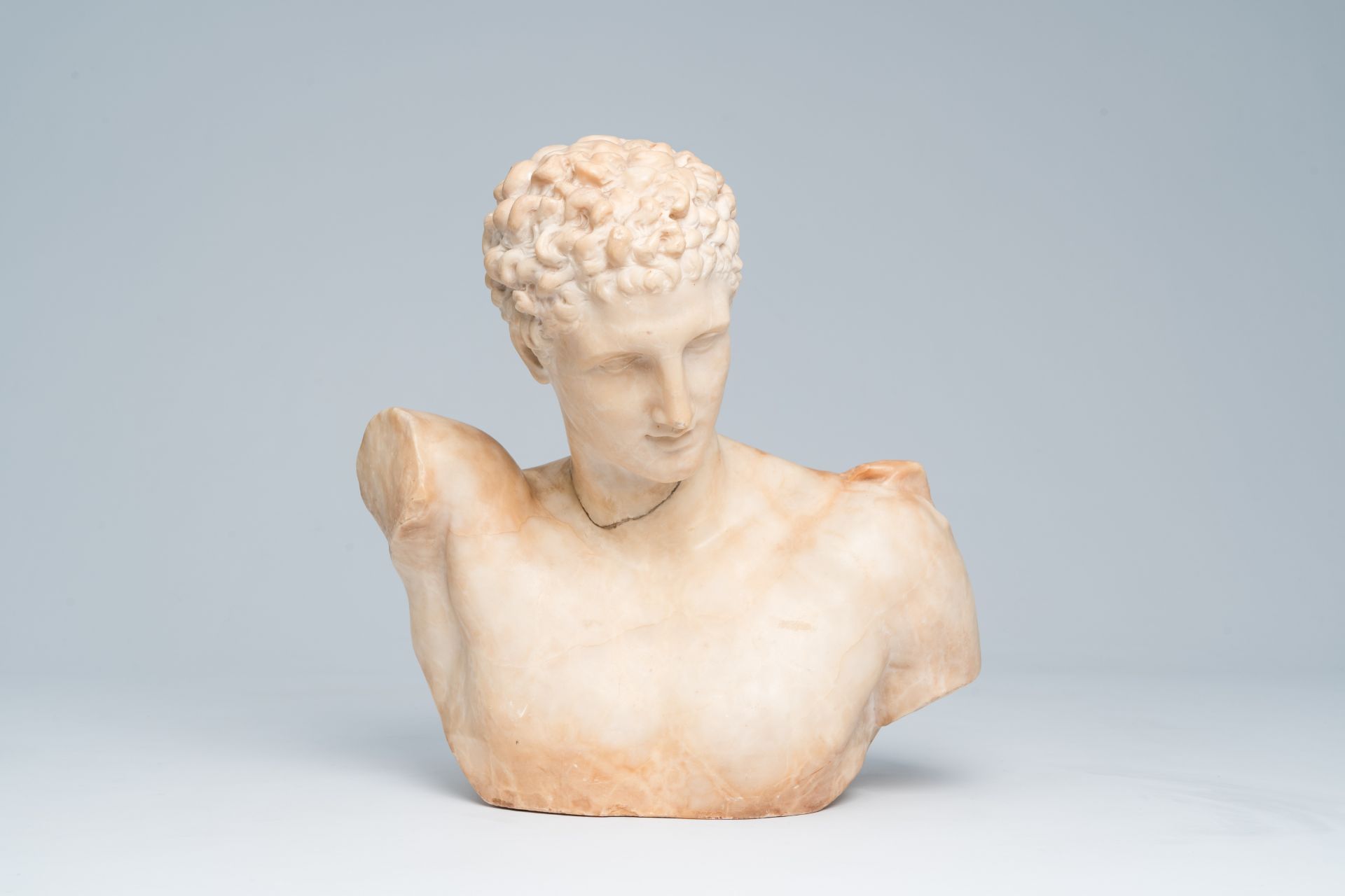 An Italian 'Grand Tour' marble bust of Hermes with the hand of the Infant Dionysus, 19th C. - Image 2 of 14