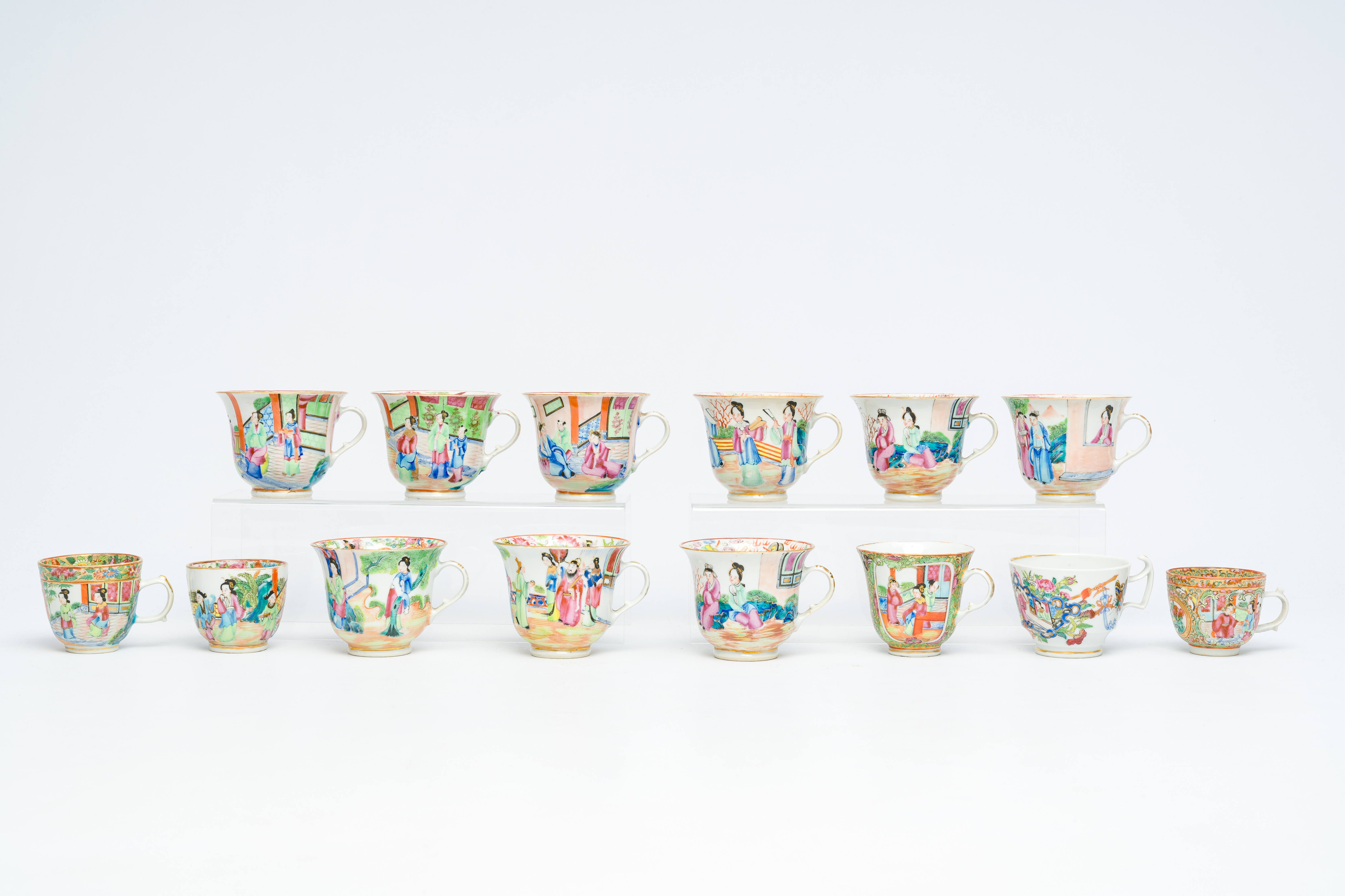 14 Chinese Canton famille rose cups and two saucers, 19th C. - Image 2 of 9