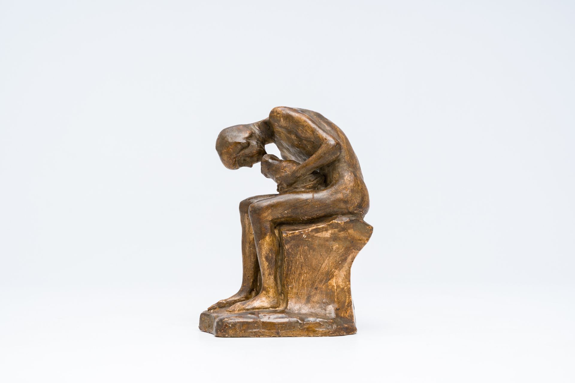 Constant Montald (1862-1944): A seated young man with a jug, patinated plaster, dated 1900 - Image 2 of 12