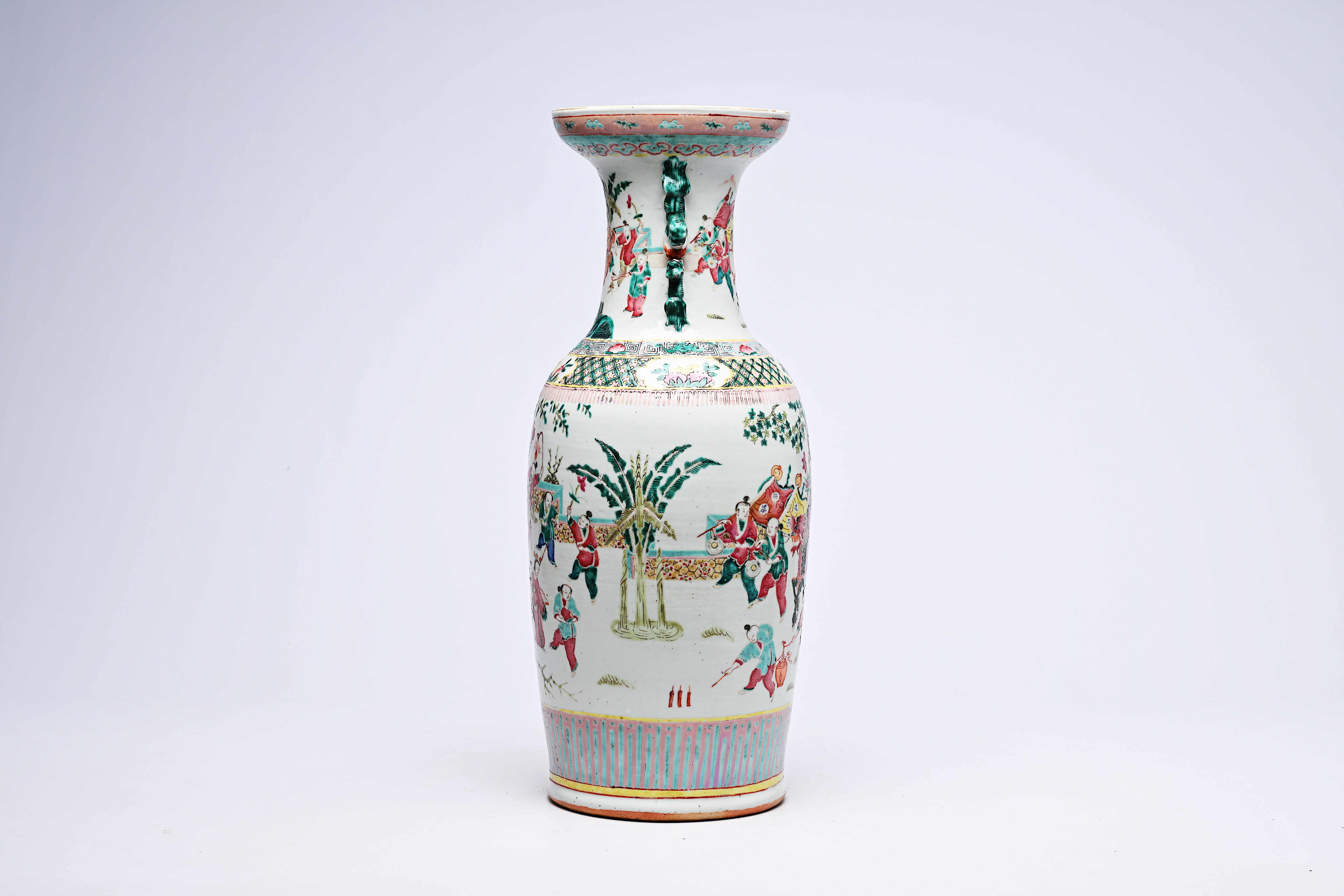 A Chinese famille rose vase with the qilin Song Zi and figures in a landscape, 19th C. - Image 4 of 16