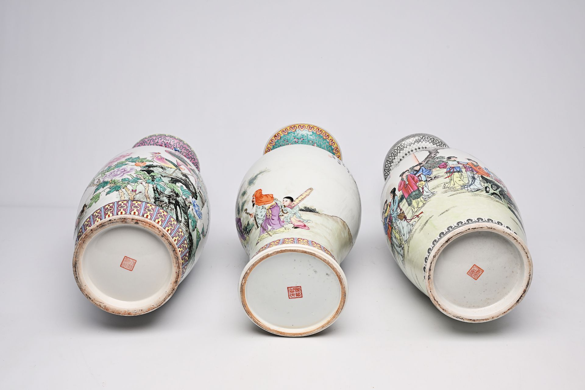 Six Chinese famille rose vases with figures in a landscape and birds between blossoming branches, 20 - Image 20 of 20