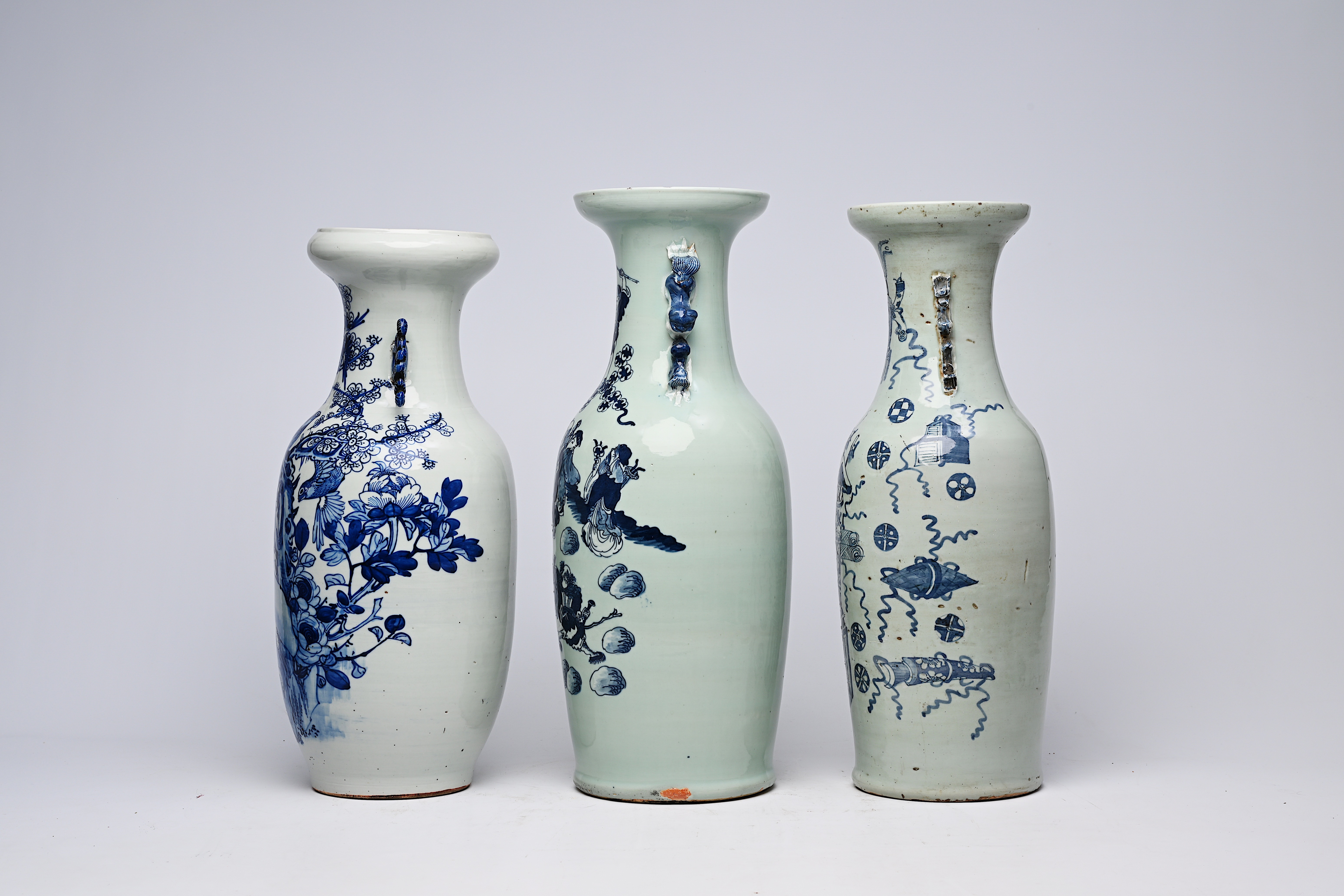 Three various Chinese blue and white celadon ground vases, 19th/20th C. - Image 3 of 16