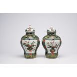 A pair of Chinese famille verte vases and covers with flower baskets and floral design, 19th C.