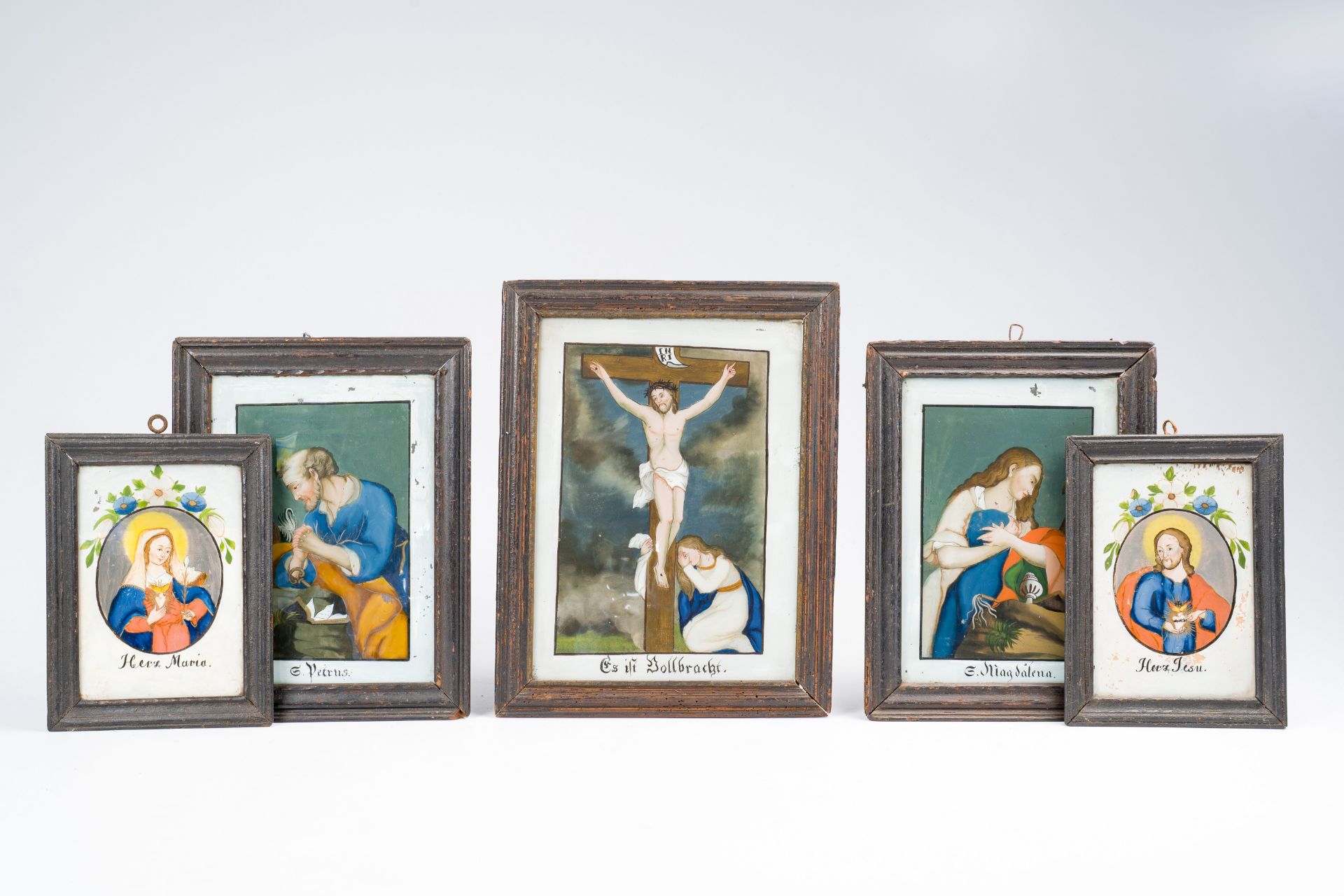 German school: Five different religious scenes, reverse glass painting, 18th/19th C.