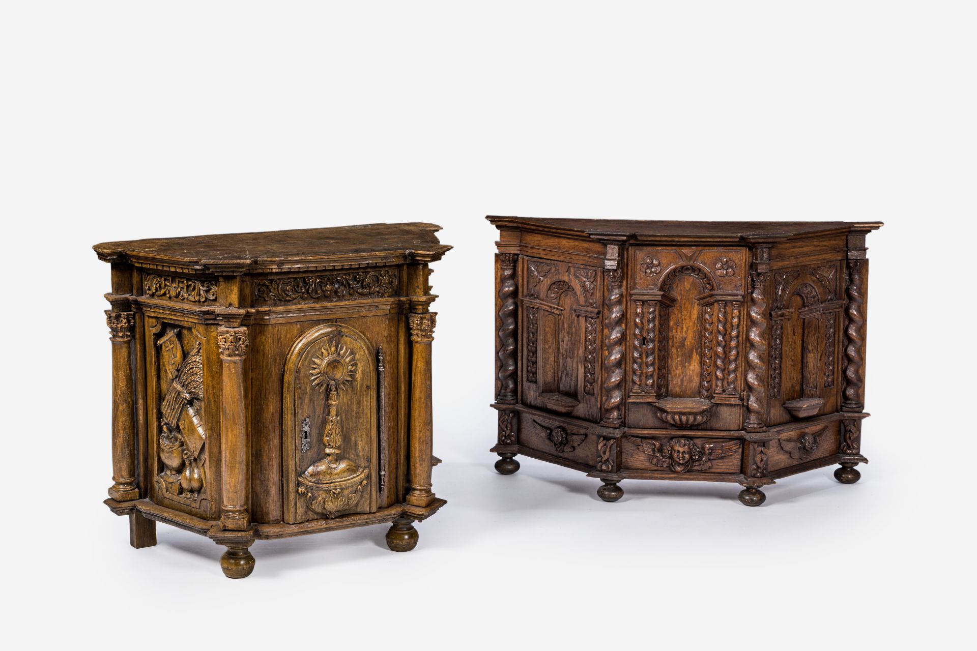 Two Flemish four-cornered wood tabernacles with twisted and Corinthian columns, 17th/18th C.