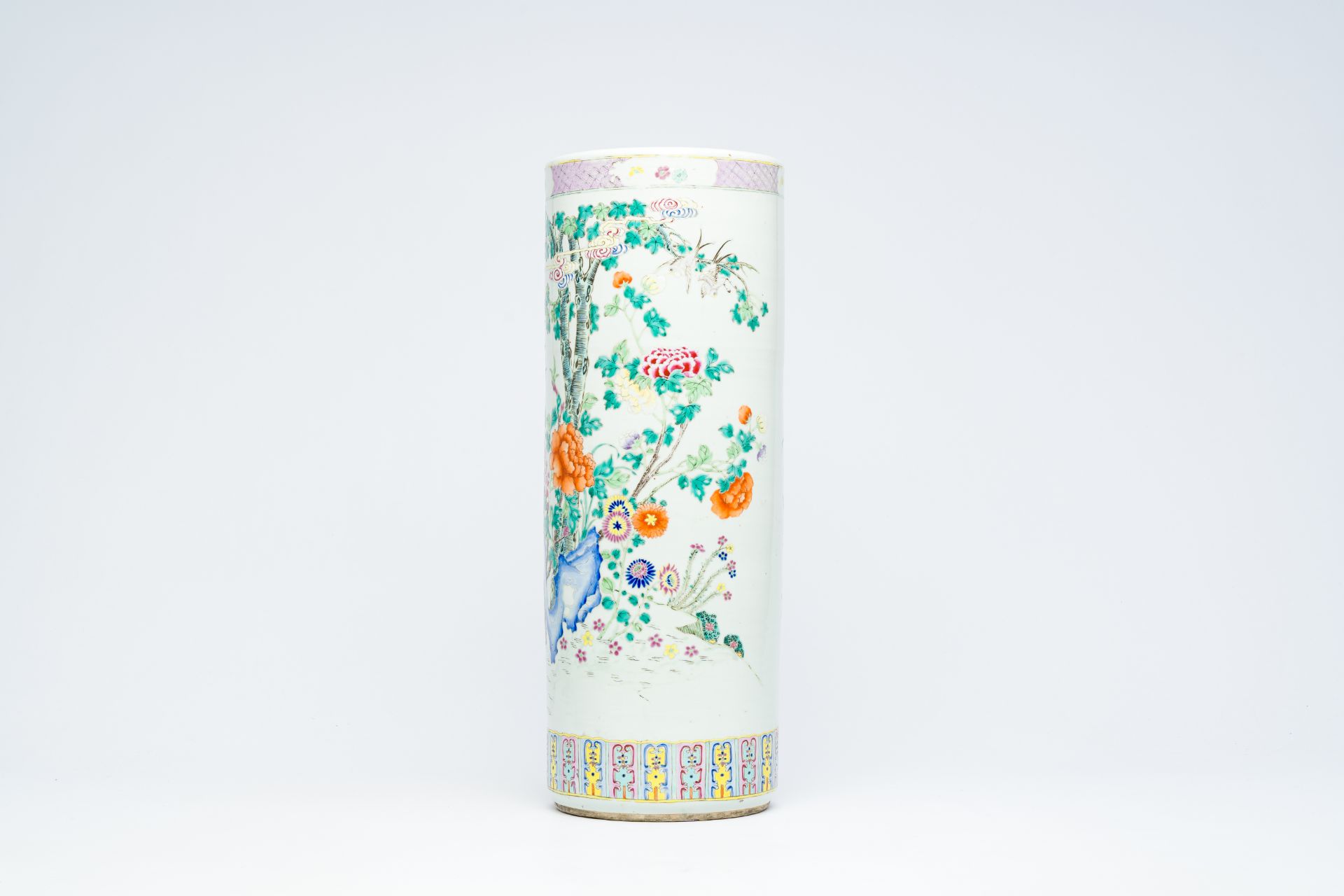 A Chinese cylindrical famille rose vase with birds among blossoming branches, 19th C. - Image 4 of 12