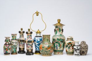 A varied collection of Chinese Nanking crackle glazed famille rose, verte, blue and white porcelain,