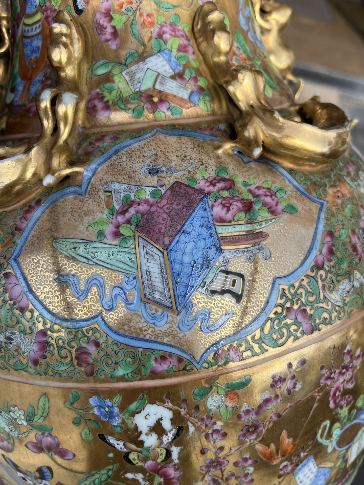 A pair of Chinese Canton famille rose gold ground vases with birds and butterflies among blossoming - Image 55 of 60