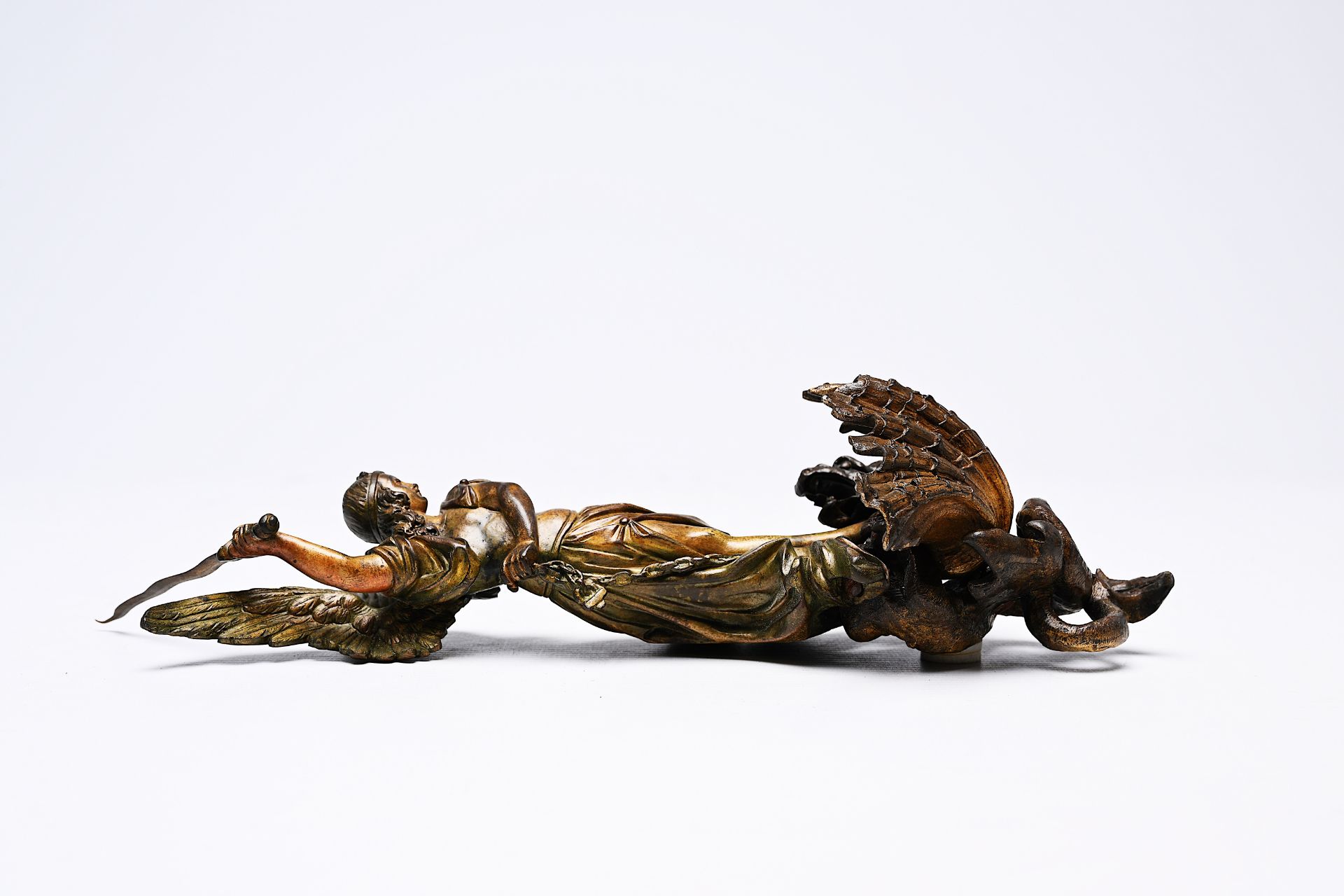 A Belgian bronze holy water font depicting Saint Michael and the dragon, 19th C. - Image 4 of 8