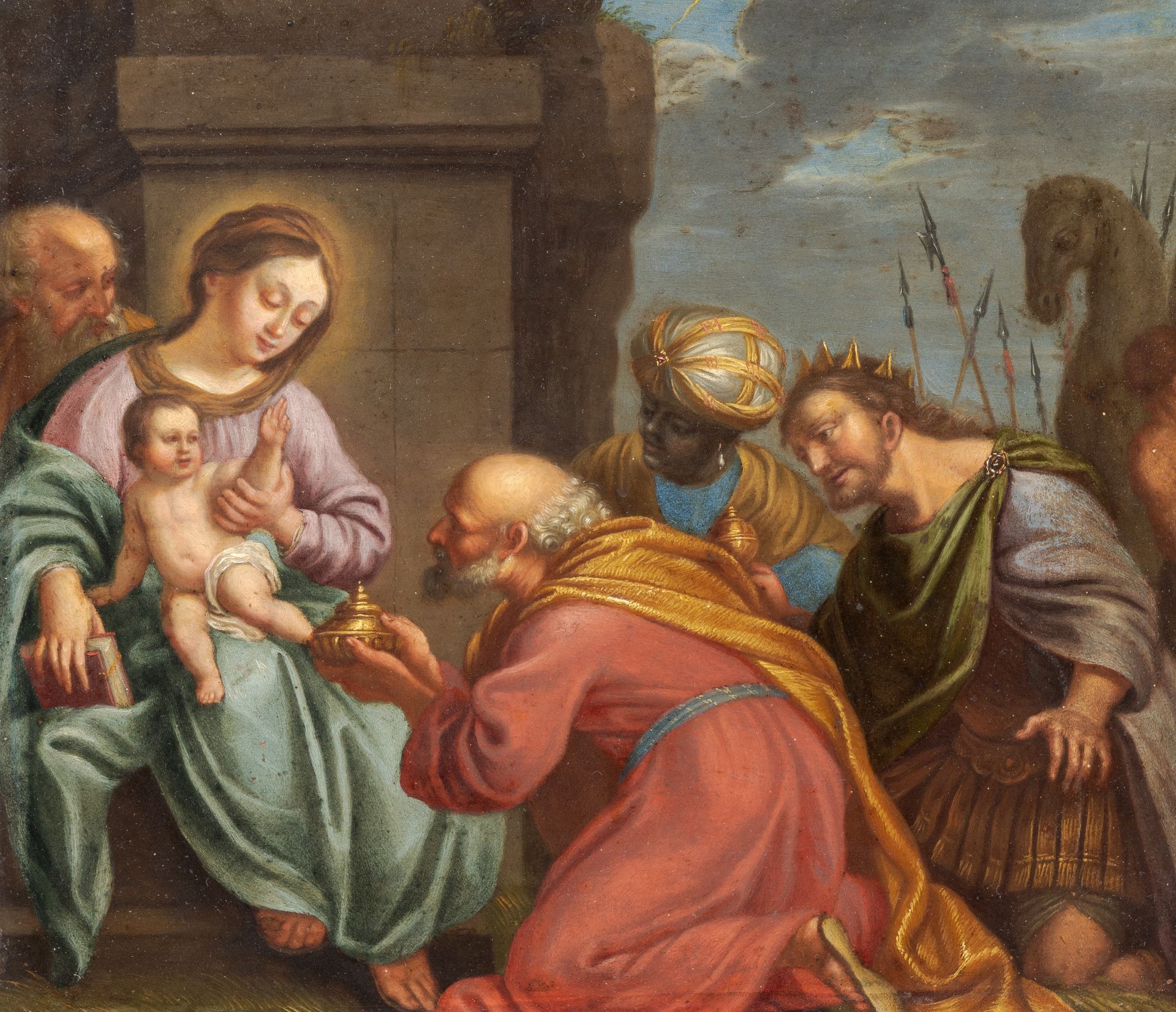 Flemish School: The adoration of the magi, oil on copper, 18th C.