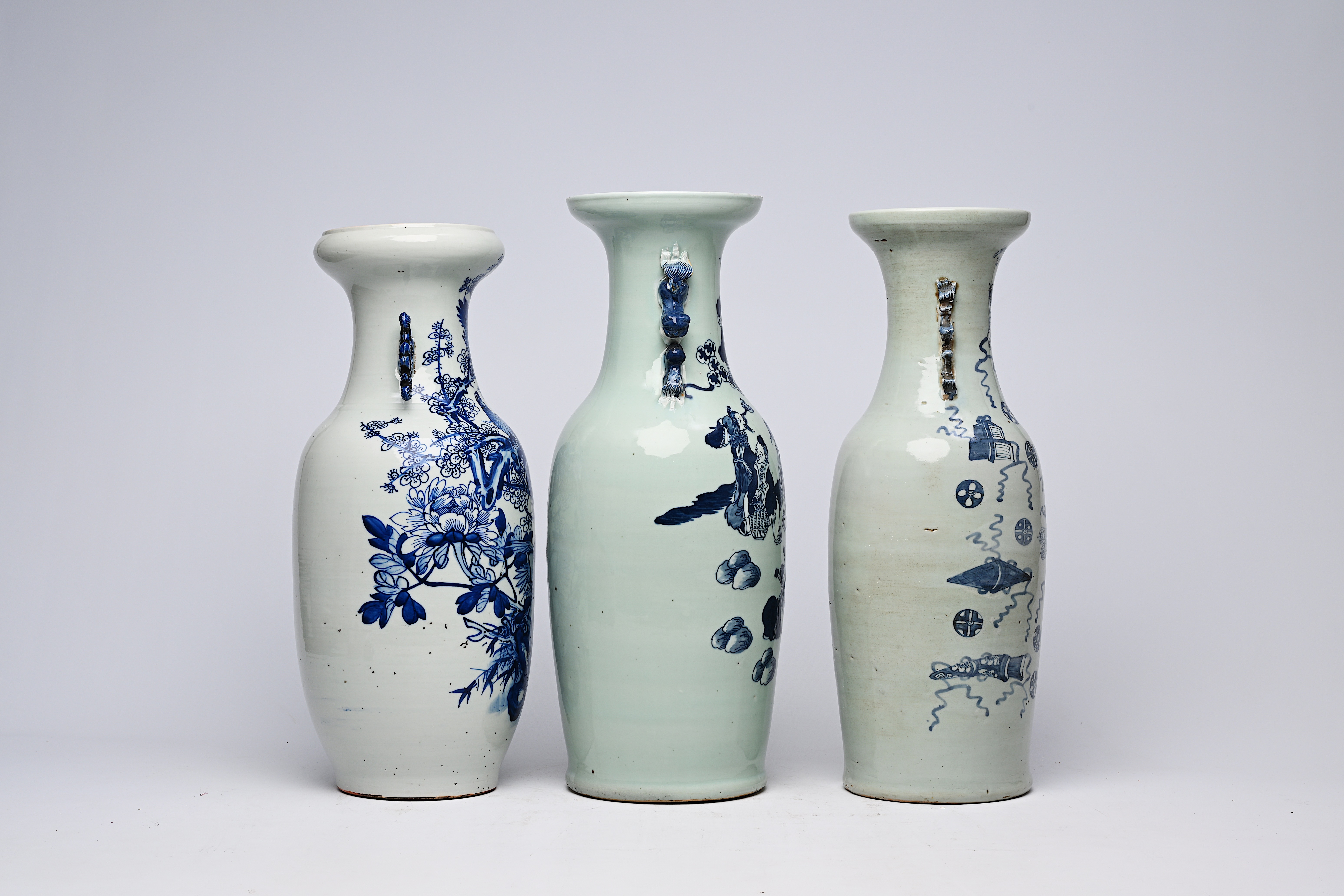 Three various Chinese blue and white celadon ground vases, 19th/20th C. - Image 8 of 16