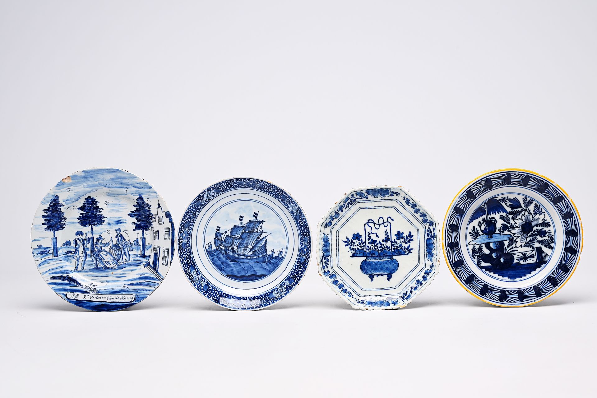 A pair of Dutch Delft blue and white vases and covers with landscapes and four various plates, 18th/ - Image 3 of 13