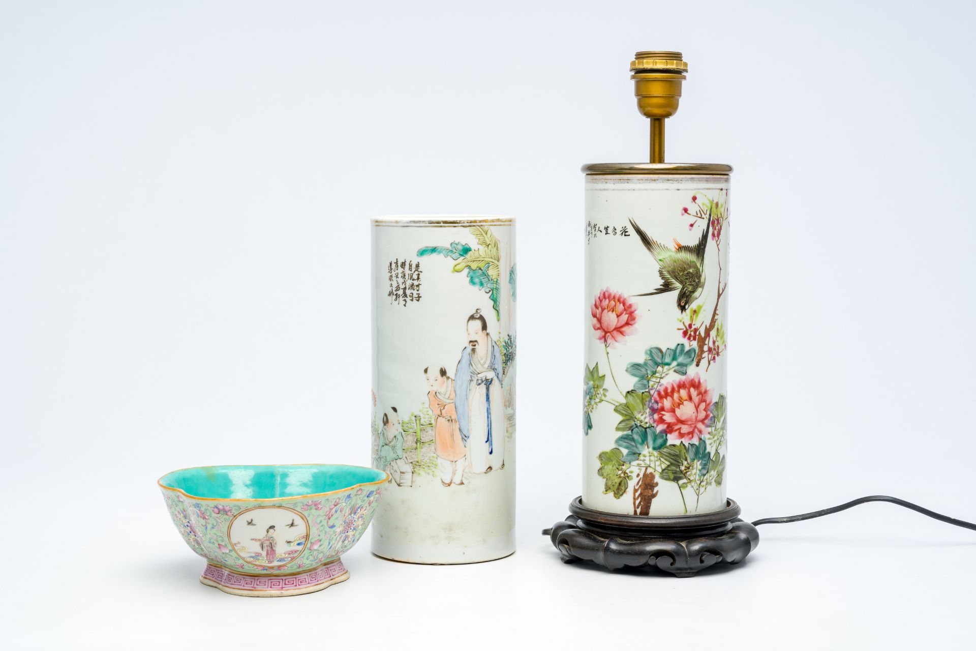 Two Chinese qianjiang cai hat stand and a lobed famille rose bowl with Immortals and floral design,