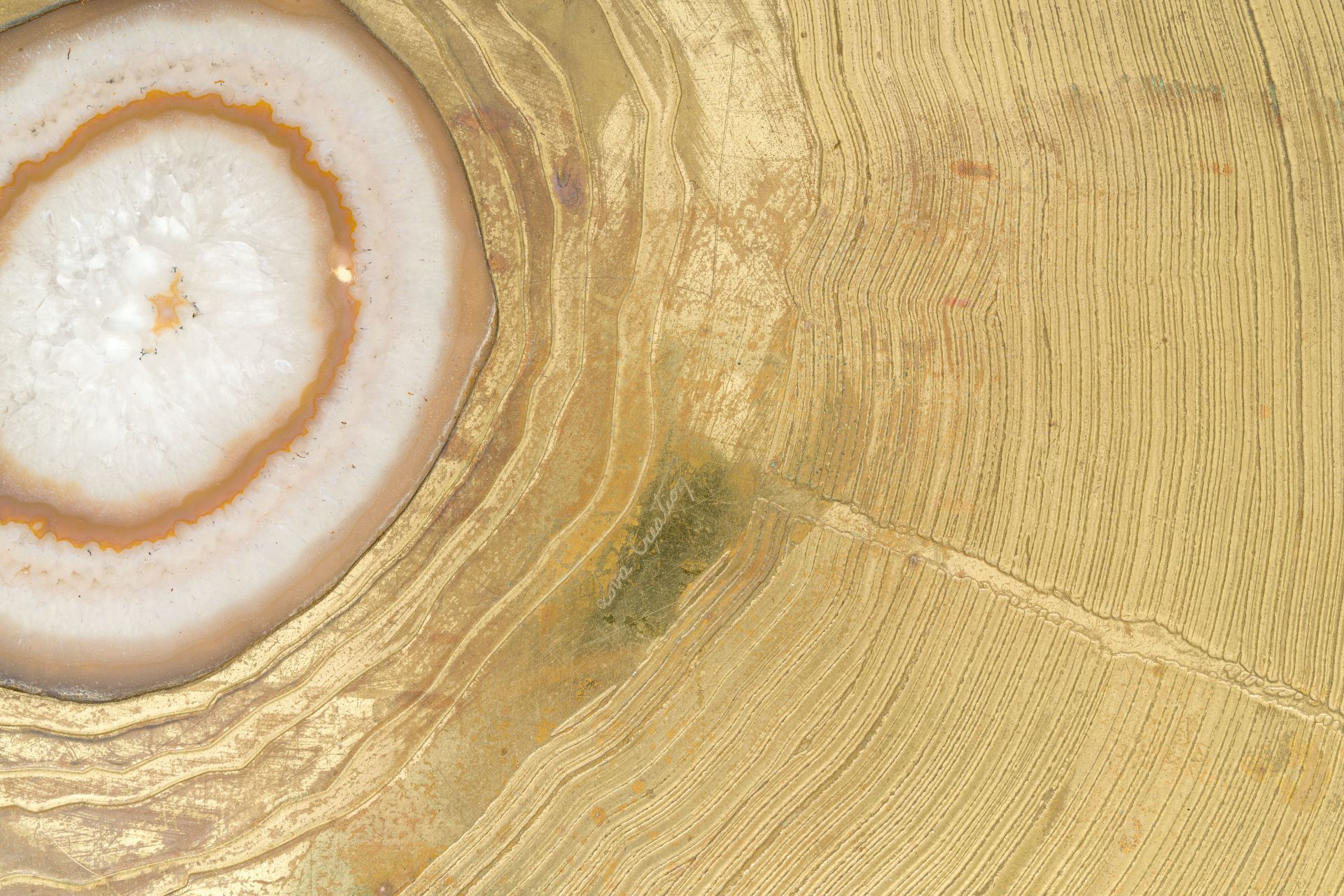 A design coffee table with an etched brass table top with an agate stone, Georges Mathias for Lova C - Image 7 of 8